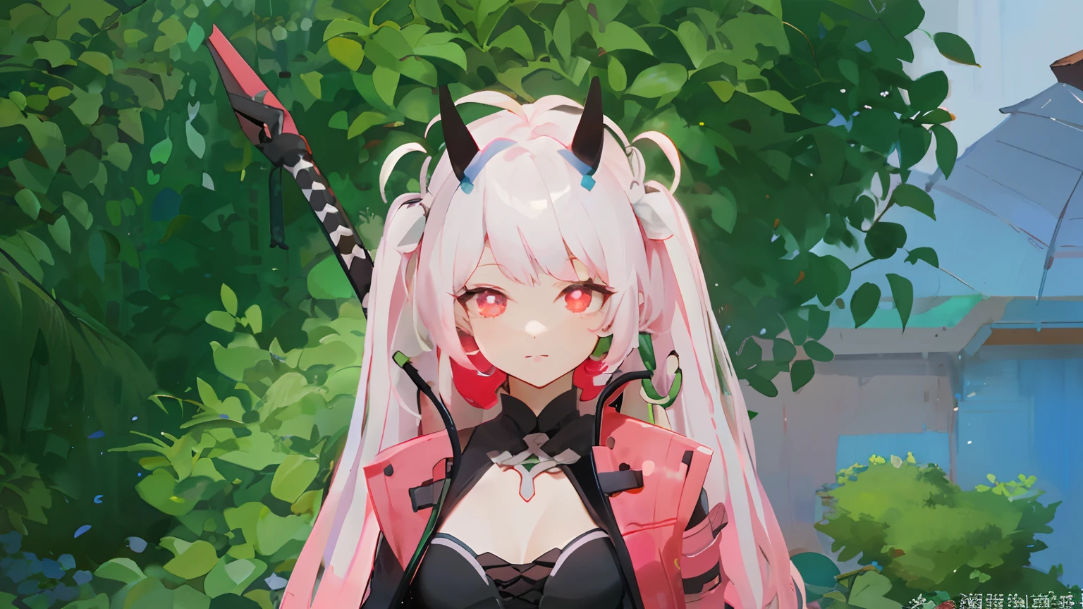Kizi, dual horsetail, light pink colored hair, red pupils, Black metal mechanical corner, Carrying an umbrella, Partially obscured handle。