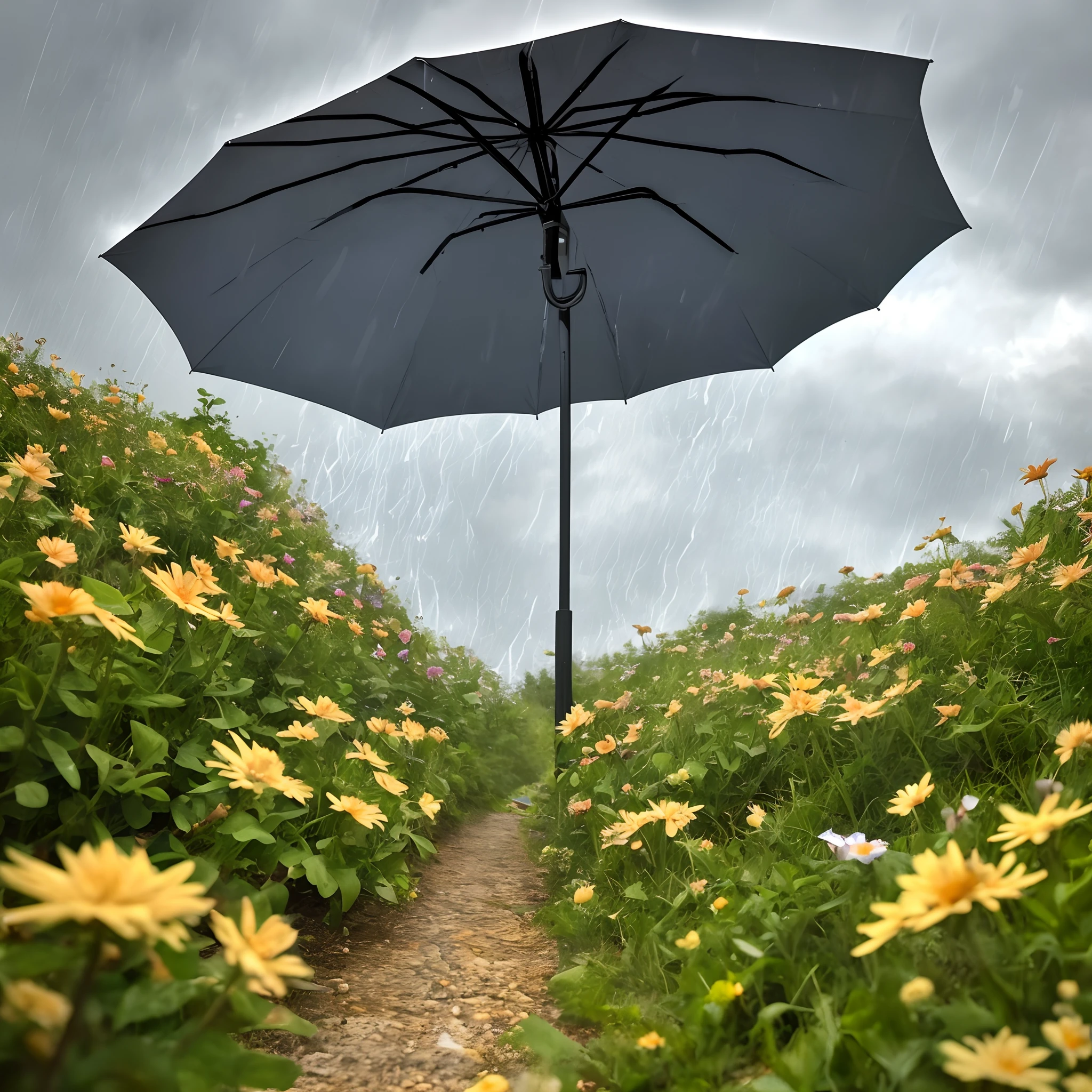 The sky is raining, and an umbrella is propped up on small flowers