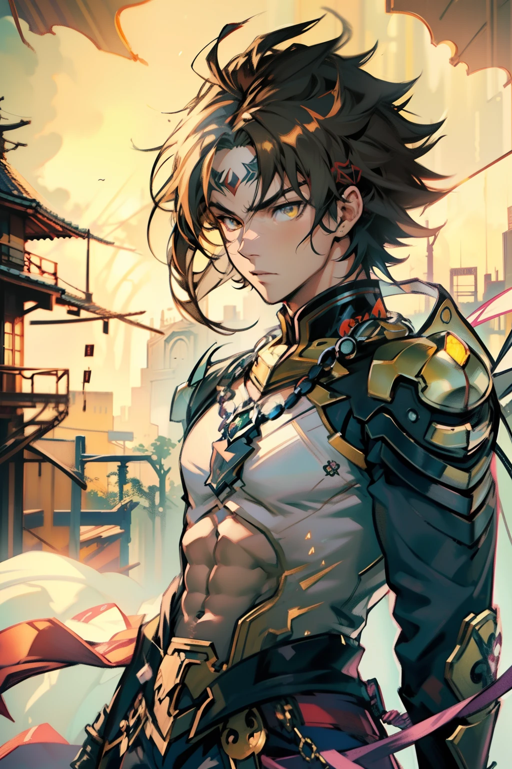 male people，((Masterpiece)), ((Best quality)), Ultra detailed,((illustration)), Dynamic Angle, Detailed light, (Delicate eyes), Floating, 1boy, Male focus, Head, Clothing, Yellow eyes, necklace, tattoo,hijabi sluty， (Forehead:0.8), (ahoge:0.8), jewelry, apathy，Ray， chest muscle， Sexy ,frontage，style of anime4 K， 4K anime wallpaper， Badass anime 8 K， 4 k comic wallpaper， young anime man， Anime boys， Anime wallpapers 4 k， Anime wallpaper 4K， High quality anime art style， Anime moe art style， Anime art wallpaper 8 K， Anime art wallpaper 4 K， RGB lighting