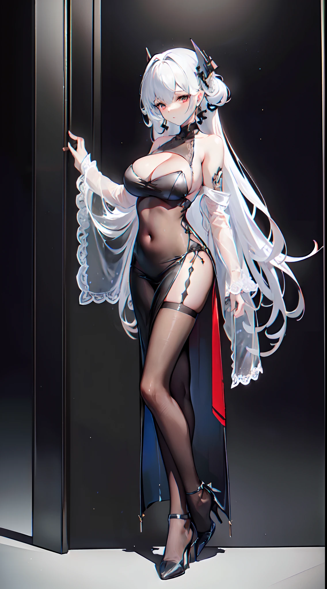 ((sharpening, high resolution, high quality,2K))
1girl,full body,lace, transparent skirt, (black body stocking:1.2),high Heels, (evening dress), facing the camera, (bare shoulder), belly button, cleavage,ST. LOUIS \(LUXURIOUS WHEELS\) \(AZUR LANE\)