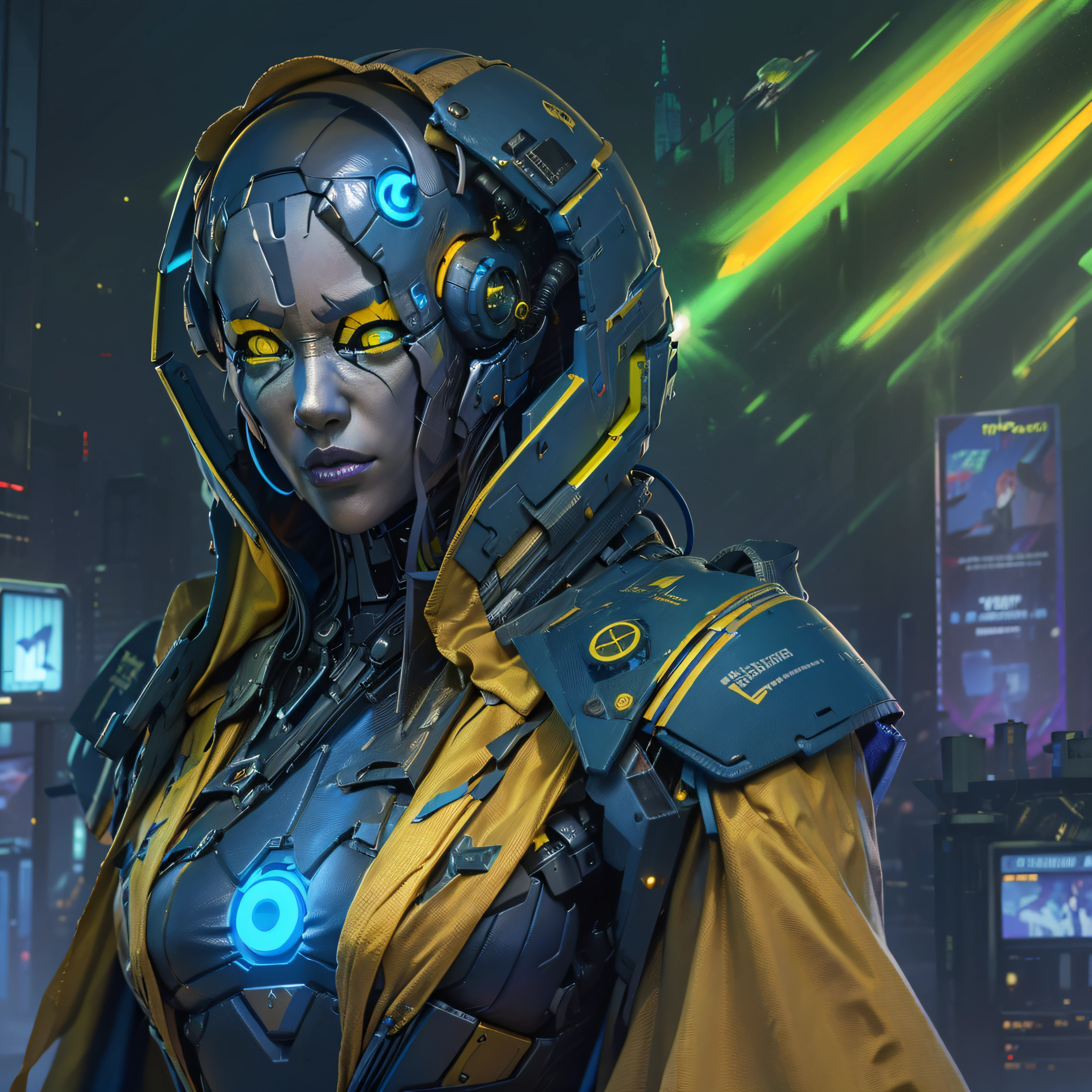 cyberfusion,Shinsengumi Haori (((female assassin robot cyborg))) (((blue skin))) (((yellow eyes))) wearing robes cape,elite corporate security, (((cyberpunk alien spacestation)))