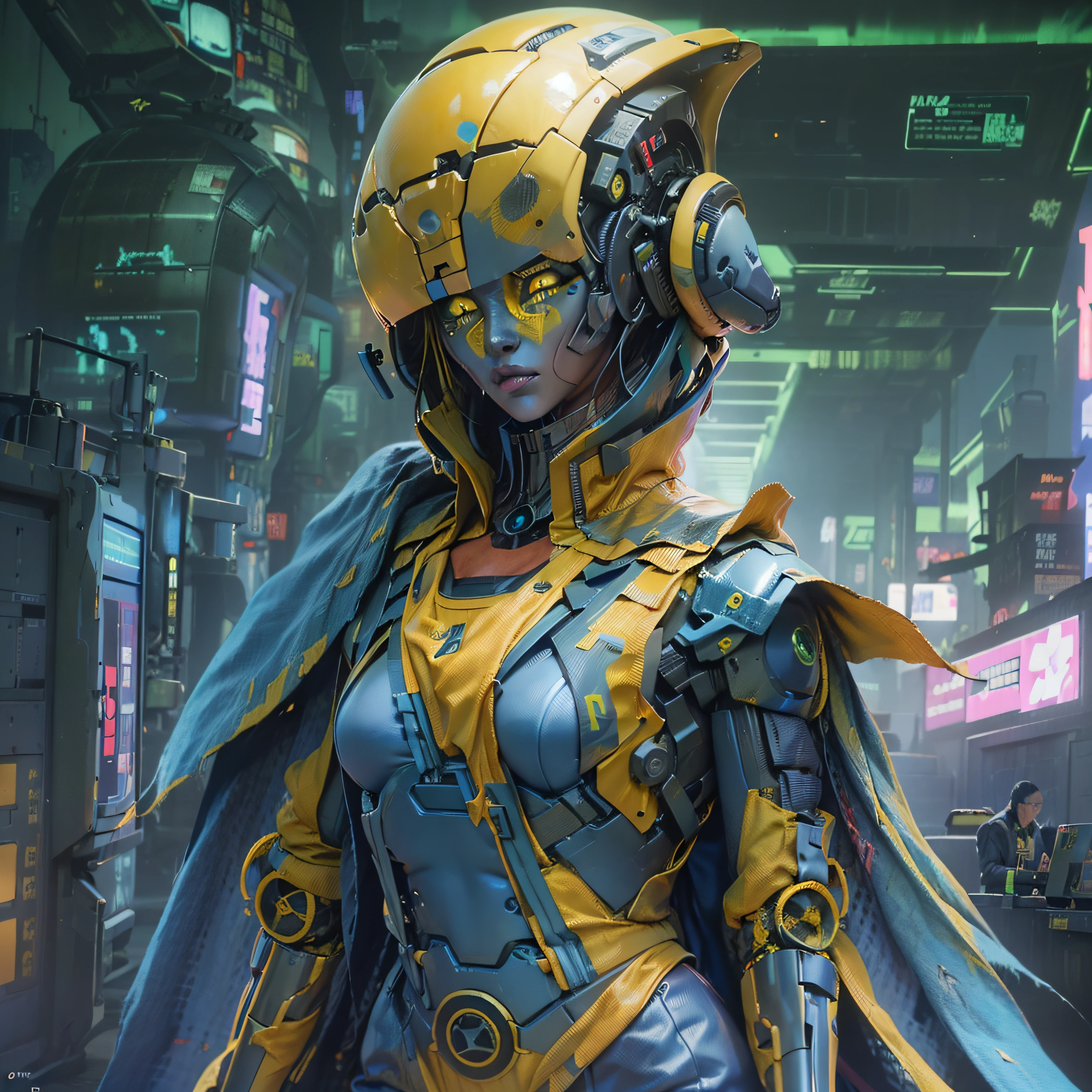 cyberfusion,Shinsengumi Haori (((female assassin robot cyborg))) (((blue skin))) (((yellow eyes))) wearing robes cape,elite corporate security, (((cyberpunk alien spacestation)))