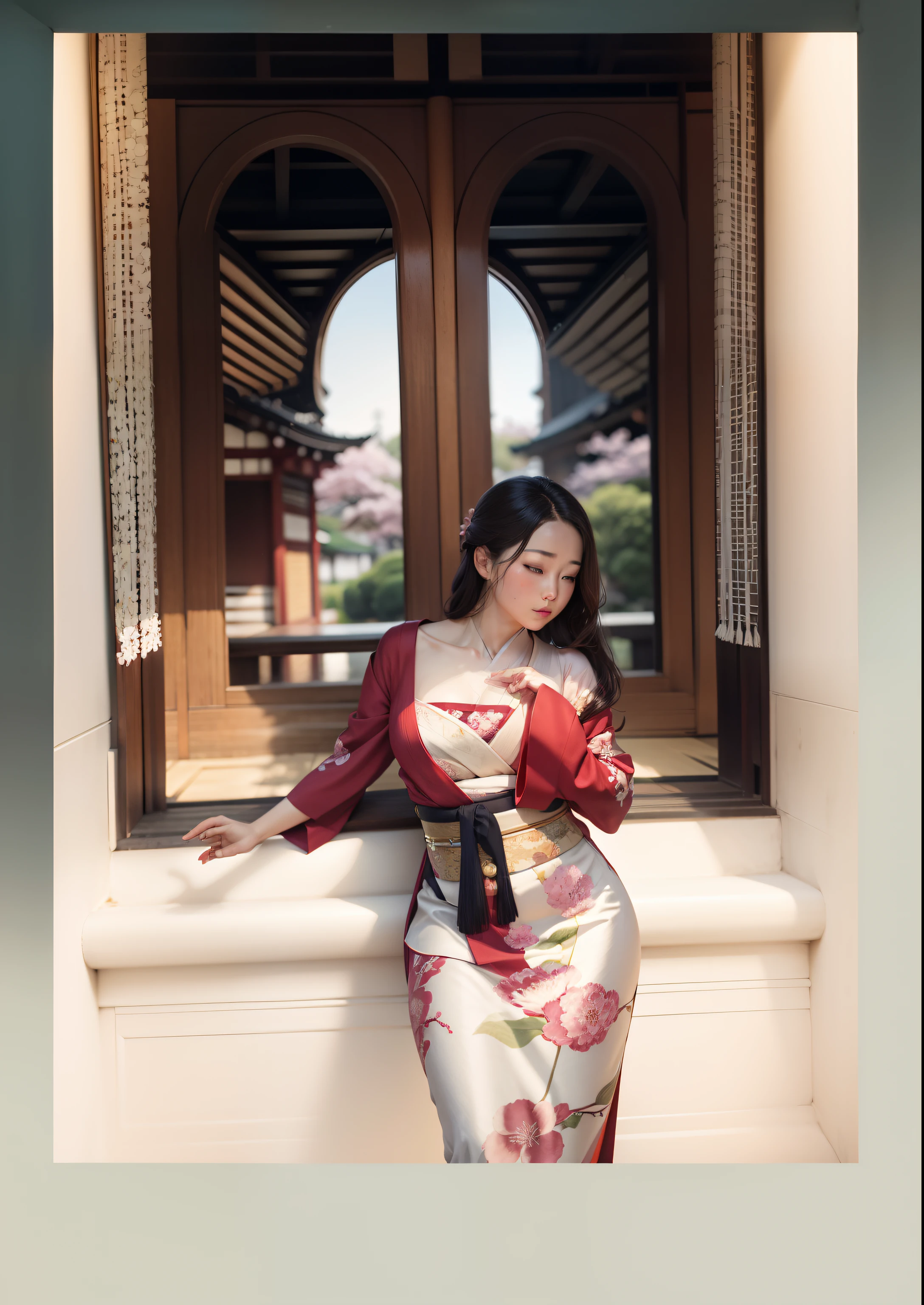 An elegant lady wearing a kimono under Sakura tree