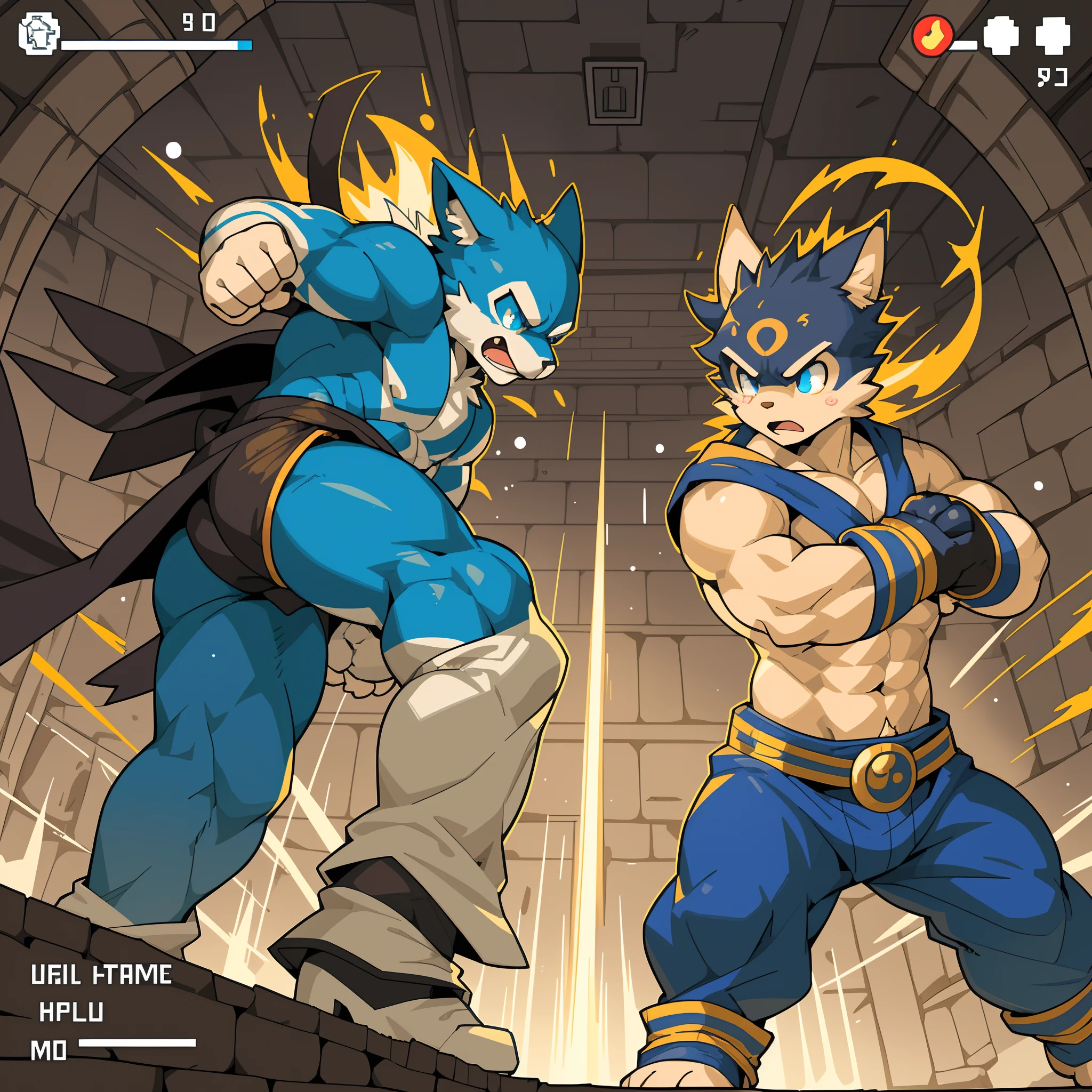highres, absurdres(highly detailed beautiful face and eyes)perfect anatomy(kemono, furry anthro)(super handsome 2boys, pair)good lighting, cinematic shadow, detailed background, User Interface of Fighting game, dots game, pixel art, dungeon, Crisis, assorted poses, assorted expression, full body, sound effects, motion blur, from side,