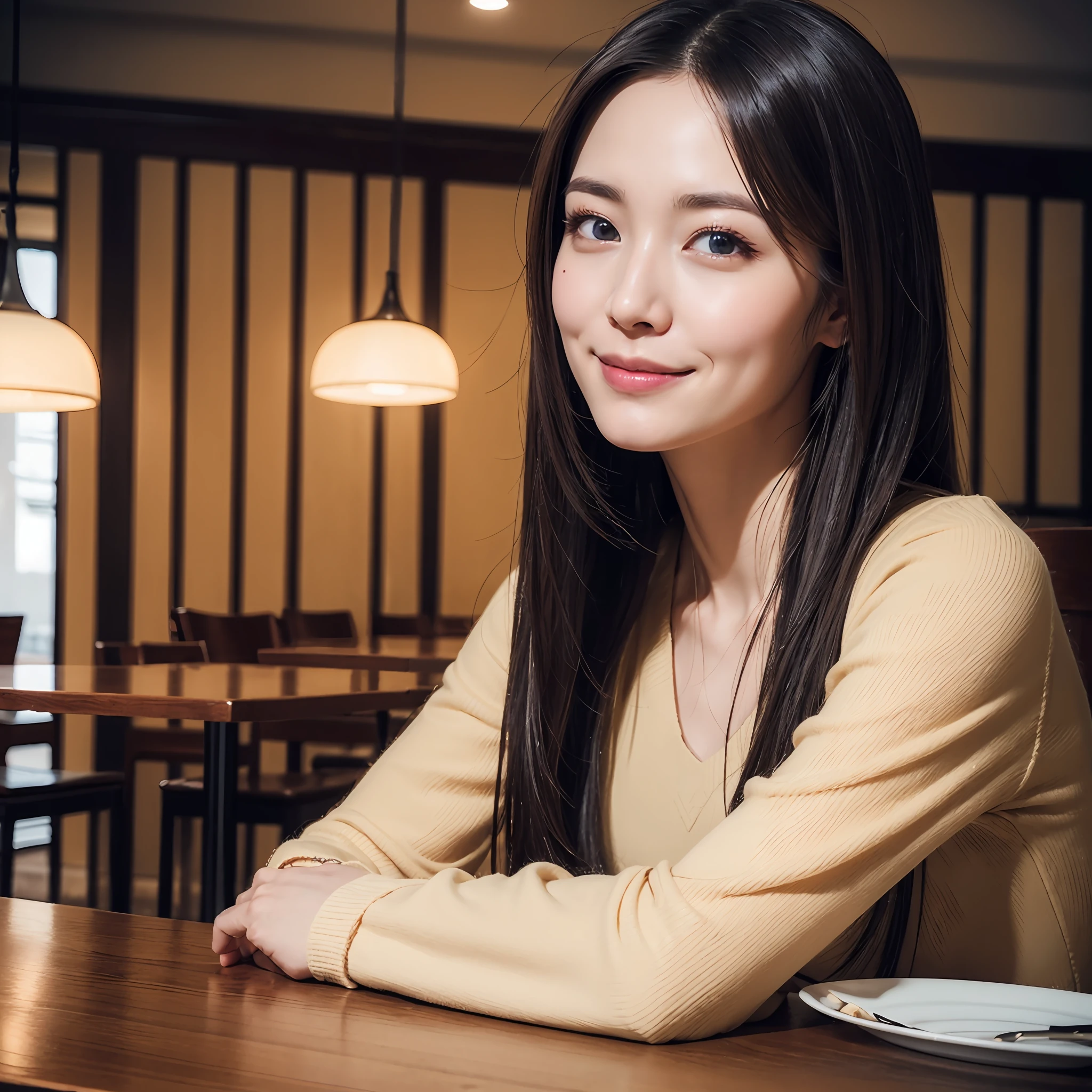 (One beautiful woman:1.2)、There is one woman sitting in front of the table, Women in Their 20s,(Soft smile),A smile,thinking pose, Thoughtful expression, Well-thought-out vision, thoughtful ), Thoughtful Pose, thoughtful, sideways eyes, Pensive expression, sitting in a café, Has a distant look, profile pose, best qualtiy,Highly detailed CG Unity 8k badass,电影灯光,ssmile,