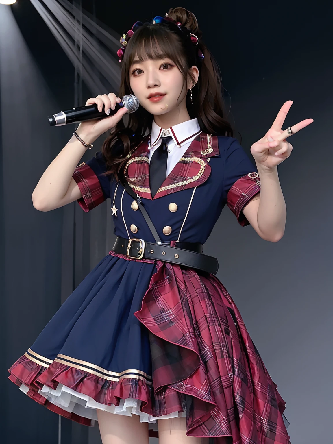 realistic, photorealistic, masterpiece, best quality, 1girl, solo, in stage, stage lighting, stage spotlight, looking at viewer, smile, idol_singing_costume,light_version,  (pureerosface_v1:0.8),