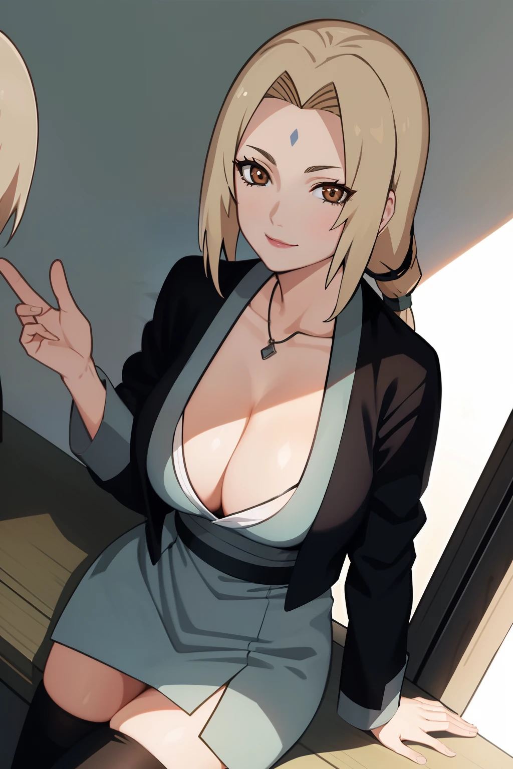 tmasterpiece， Best quality at best， hight contrast， professional photoshooting， the soft light， tack sharp focus， 1girll， ssmile， Tsunade， blond hairbl，big cleavage breasts， a matural female， Long black stockings，Short school uniform， Beautiful brown eyes，Take a picture of the mirror