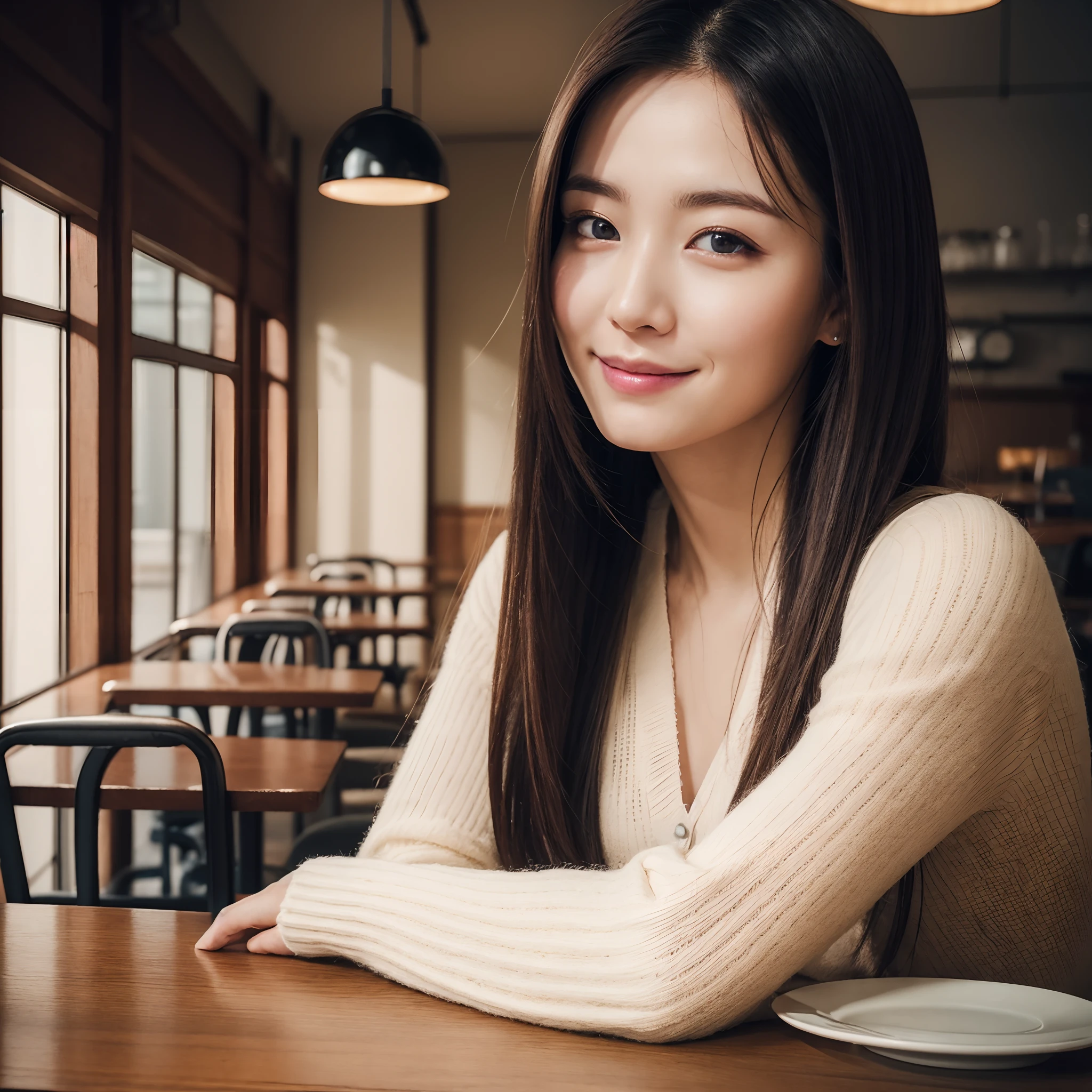 (One beautiful woman:1.2)、There is one woman sitting in front of the table, Women in Their 20s,(Soft smile),A smile,thinking pose, Thoughtful expression, Well-thought-out vision, thoughtful ), Thoughtful Pose, thoughtful, sideways eyes, Pensive expression, sitting in a café, Has a distant look, profile pose, best qualtiy,Highly detailed CG Unity 8k badass,电影灯光,ssmile,