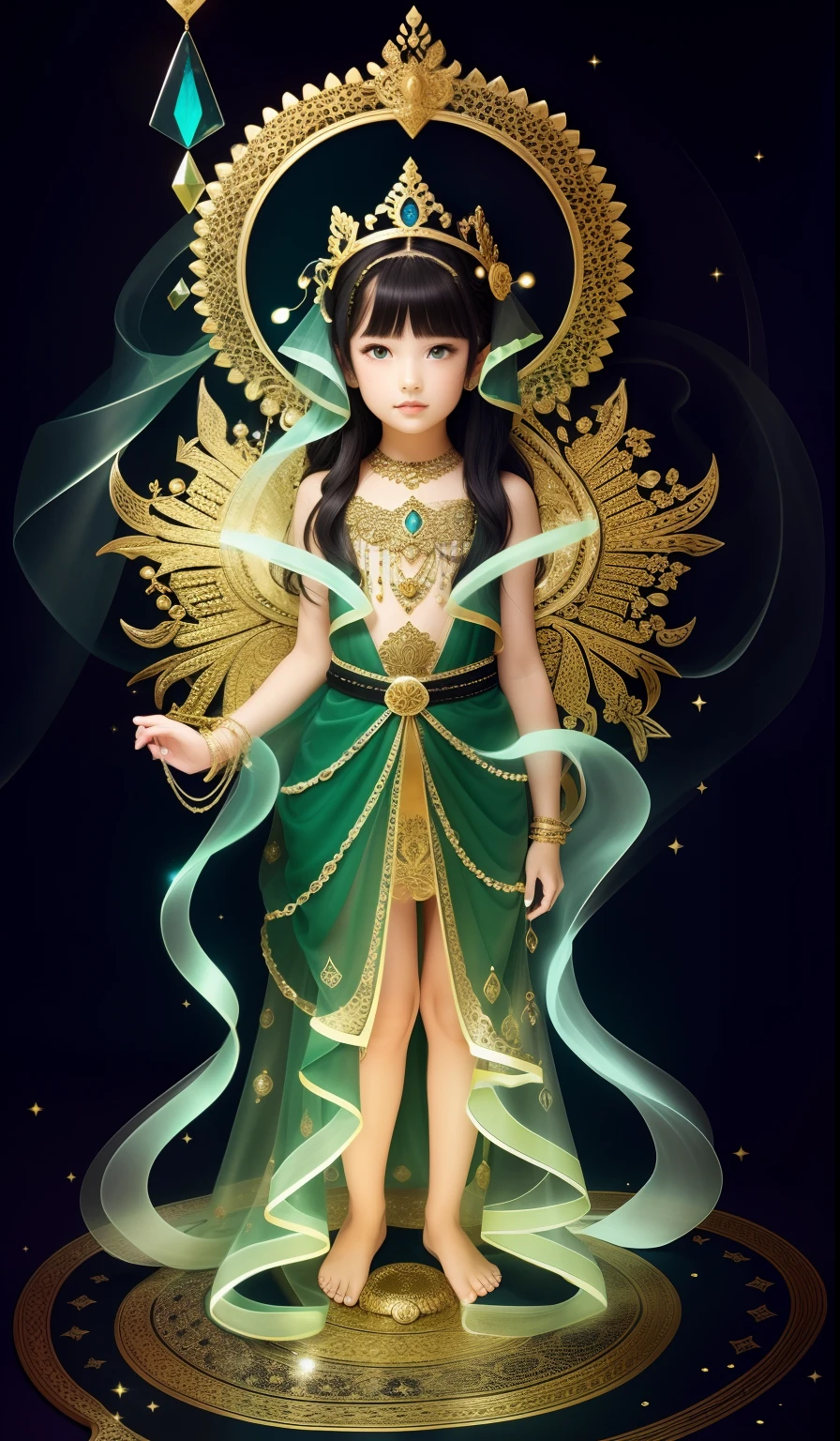 In the garden of the void, A beautiful ,Six years old,green colored skin,Four arms,trident,Peacock Ling,Black snake in hand,There are decorations of seven snakes in the hair,The body is decorated with many black snakes,Leopard skin apron,Yellow skirt,white streamer,Delicate and radiant skin,Barefoot,(Long curved eyebrows),Beautiful eyes sparkle,The large, Jewel-like eyes sparkle,Clear pupils have reflected light,二重まぶた,Lying silkworm,looks into camera,((Plump and rosy lips)) Clearly visible,((Flushed cheeks)),The mandible is plump,Green skin is delicate and smooth,Delicate skin translucent,A delicate and dexterous crown,inlaid gemstones,Delicate and skillfully set gemstones,(Yellow dress),Perfectly designed jewelry is exquisite,Beautiful eyes looking directly at the camera,(((nice hand))),((((Good feet))),(((good legs))),Realistic skin,((Correct body structure)),Yellow costume,Blue sky,Head background with round light,Behind him is a colorful rainbow circle,Color glow is turned on,Front lighting,Positive light,No shadows on the face,There are no shadows on the body,Blue sky,Unreal space,ethereal world,dreamworld,with blue sky and white clouds,tmasterpiece,4K,ultra-definition,professional photoshooting,Perspective looks up,Standard lens shooting,