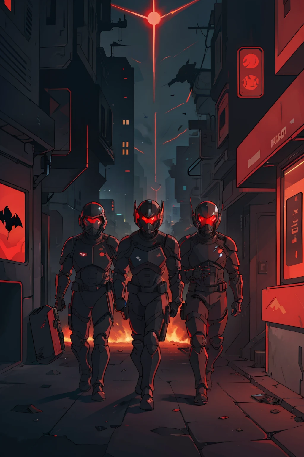 A row of evil sci-fi, cyberpunk soldiers, in black and red body armor and wearing a helmet, hold batons.