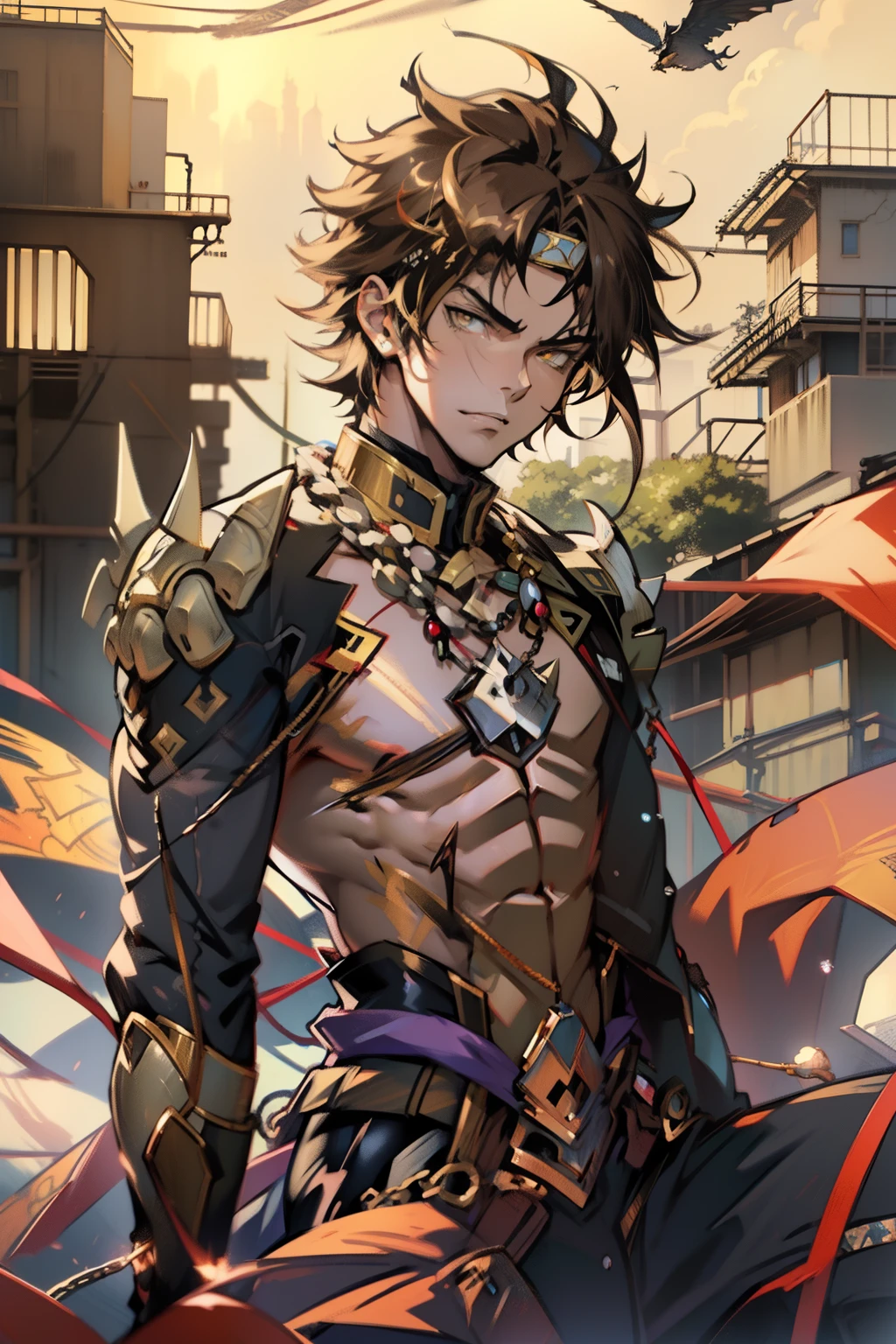 male people,((Masterpiece)), ((Best quality)), Ultra detailed,((illustration)), Dynamic Angle, Detailed light, (Delicate eyes), Floating, 1boy, Male focus, Head, Clothing, Yellow eyes, necklace, tattoo,hijabi sluty, (Forehead:0.8), (ahoge:0.8), jewelry, apathy,Ray, chest muscle, Sexy ,frontage,style of anime4 K, 4K anime wallpaper, Badass anime 8 K, 4 k comic wallpaper, young anime man, Anime boys, Anime wallpapers 4 k, Anime wallpaper 4K, High quality anime art style, Anime moe art style, Anime art wallpaper 8 K, Anime art wallpaper 4 K, RGB lighting