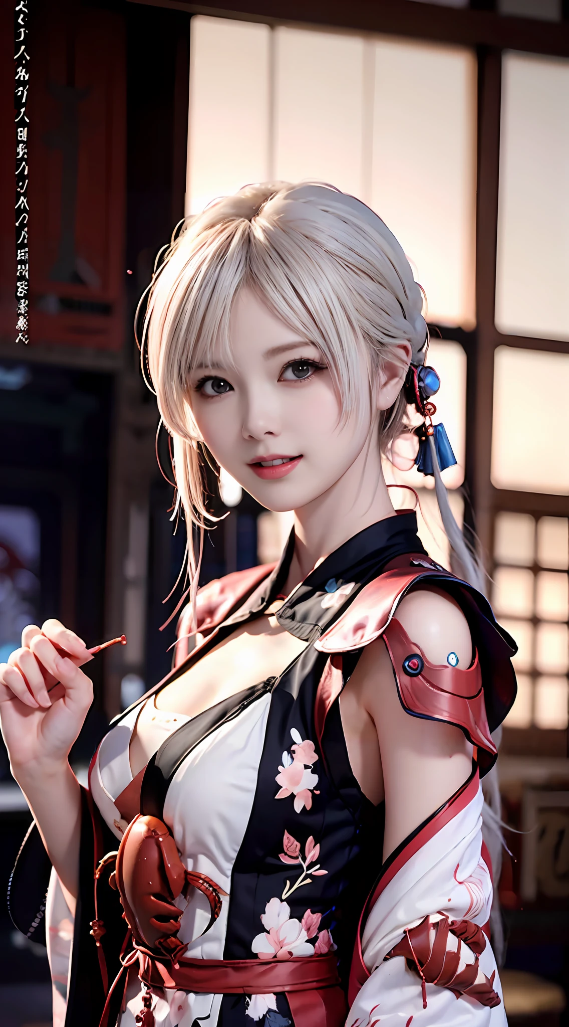 Japanese girl with a fan in her hand，komono，cyber punk perssonage，White color hair，Huge pink glow on background，Ambient light，zodiac girl's,punk，Handheld fan，lobster，A desert，bowl