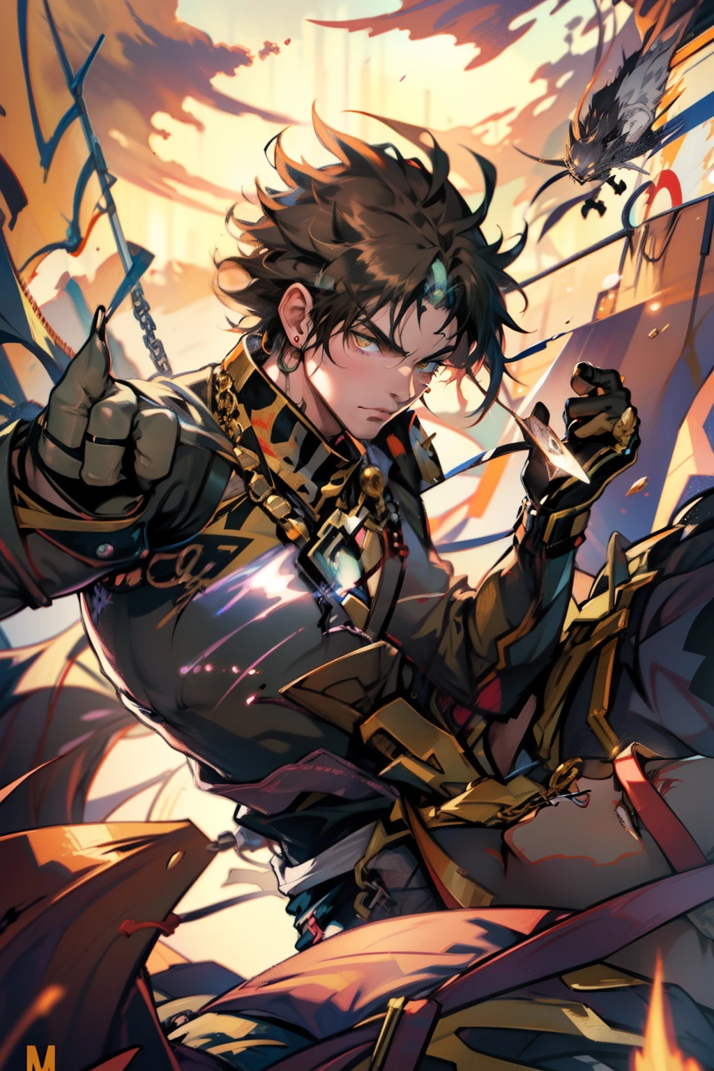 male people，((Masterpiece)), ((Best quality)), Ultra detailed,((illustration)), Dynamic Angle, Detailed light, (Delicate eyes), Floating, 1boy, Male focus, Head, Clothing, Yellow eyes, necklace, tattoo,hijabi sluty， (Forehead:0.8), (ahoge:0.8), jewelry, apathy，Ray， chest muscle， Sexy ,frontage，style of anime4 K， 4K anime wallpaper， Badass anime 8 K， 4 k comic wallpaper， young anime man， Anime boys， Anime wallpapers 4 k， Anime wallpaper 4K， High quality anime art style， Anime moe art style， Anime art wallpaper 8 K， Anime art wallpaper 4 K， RGB lighting