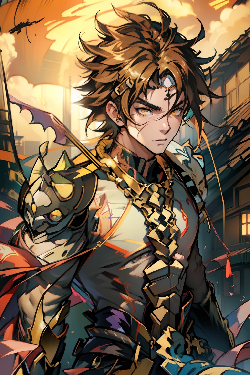 male people,((Masterpiece)), ((Best quality)), Ultra detailed,((illustration)), Dynamic Angle, Detailed light, (Delicate eyes), Floating, 1boy, Male focus, Head, Clothing, Yellow eyes, necklace, tattoo, (Forehead:0.8), (ahoge:0.8), jewelry, apathy,Ray, chest muscle, Sexy ,frontage,style of anime4 K, 4K anime wallpaper, Badass anime 8 K, 4 k comic wallpaper, young anime man, Anime boys, Anime wallpapers 4 k, Anime wallpaper 4K, High quality anime art style, Anime moe art style, Anime art wallpaper 8 K, Anime art wallpaper 4 K, RGB lighting