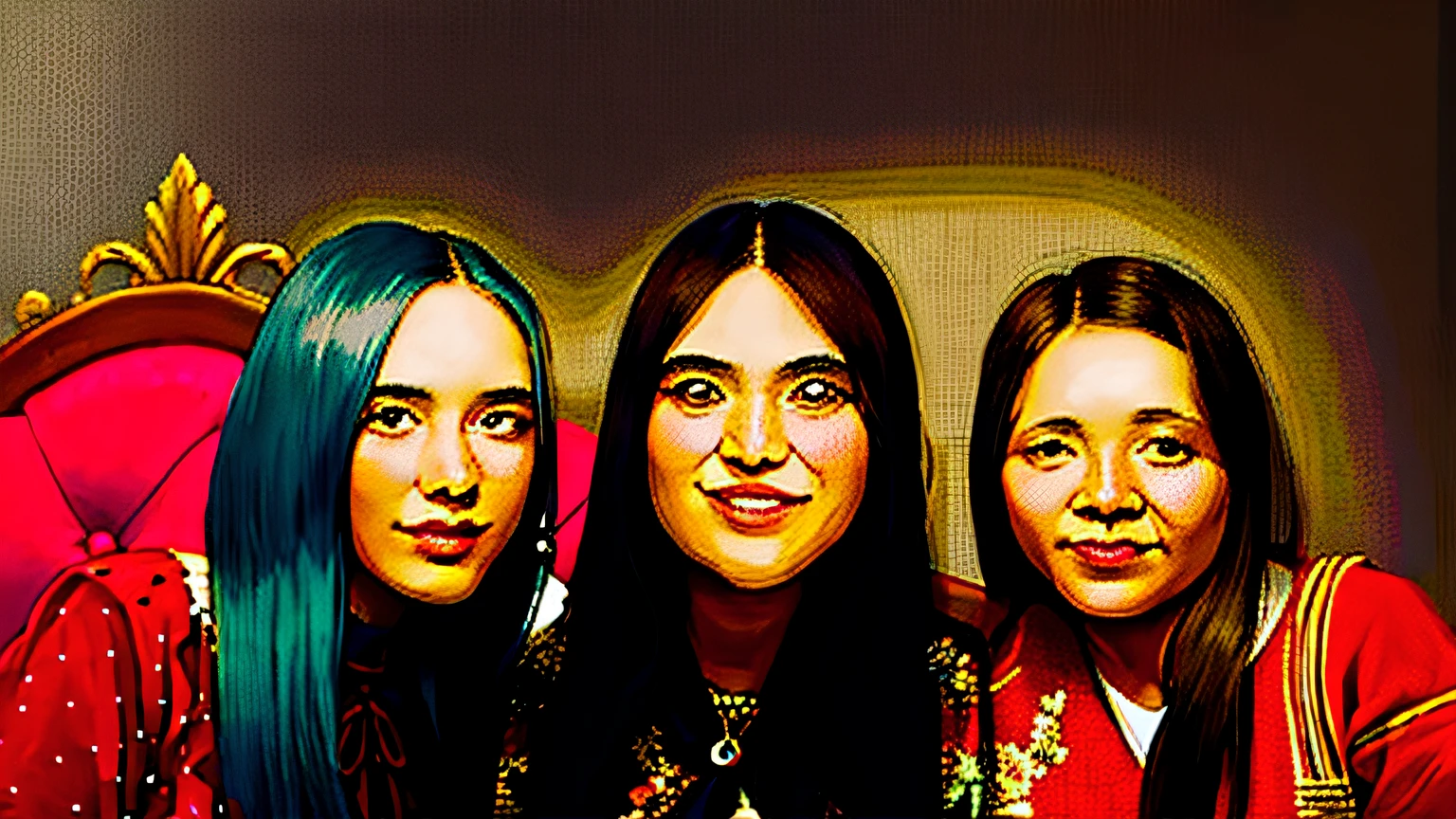 Three women pose for photos while sitting on a couch,