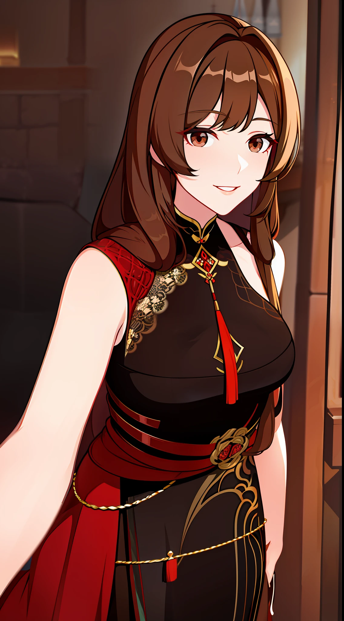 Adult woman, long light brown hair, Brown eyes, Black blue Chinese dress, red lipstick, Smile, Masterpiece, hiquality