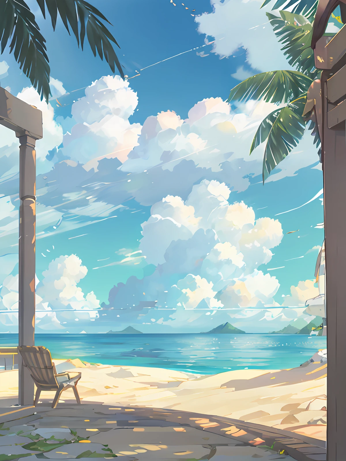 (High quality, high resolution) 3Delight beach scenery, halo 8K, beach details depicted clearly, fresh summer feeling, coconut trees and coconut, full detail.