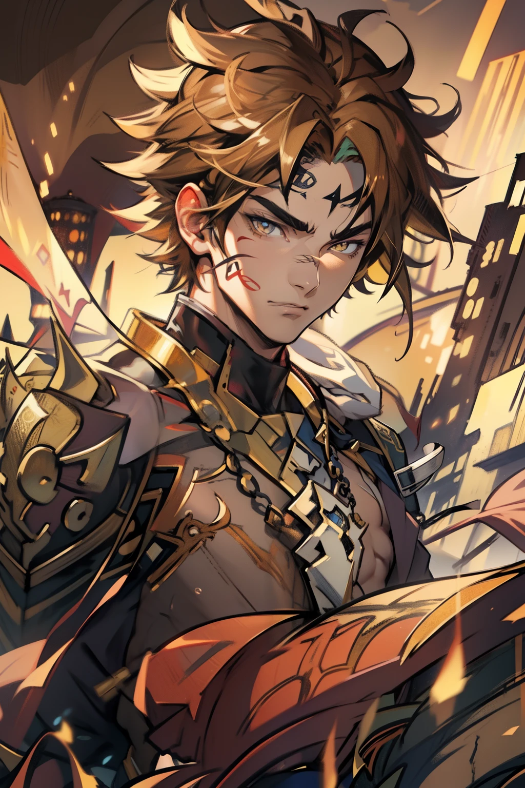 male people，((Masterpiece)), ((Best quality)), Ultra detailed,((illustration)), Dynamic Angle, Detailed light, (Delicate eyes), Floating, 1boy, Male focus, Head, Clothing, Yellow eyes, necklace, tattoo,hijabi sluty， (Forehead:0.8), (ahoge:0.8), jewelry, apathy，Ray， chest muscle， Sexy ,frontage，style of anime4 K， 4K anime wallpaper， Badass anime 8 K， 4 k comic wallpaper， young anime man， Anime boys， Anime wallpapers 4 k， Anime wallpaper 4K， High quality anime art style， Anime moe art style， Anime art wallpaper 8 K， Anime art wallpaper 4 K， RGB lighting