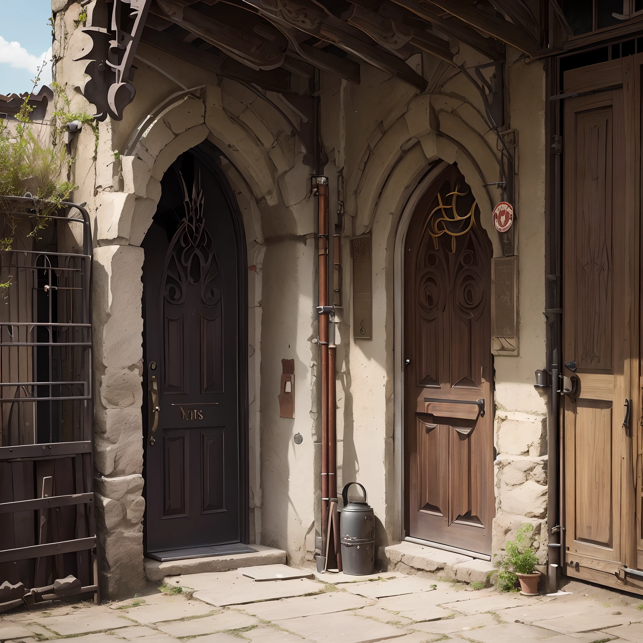 Outside view、Entrance to the brick building、Weapons Shop、Western-style room、Italy、Spain、Weapons store sign、Hanging Sign、in isekai、The door is open and、、、、、I see a weapon behind me.、unmanned、No humans、no Animal、leisure、Silence、during daytime、hiquality、It was real、Signs like weapons shops、Old buildings、Old West、Weapons outside the store、Western Europe、nordic