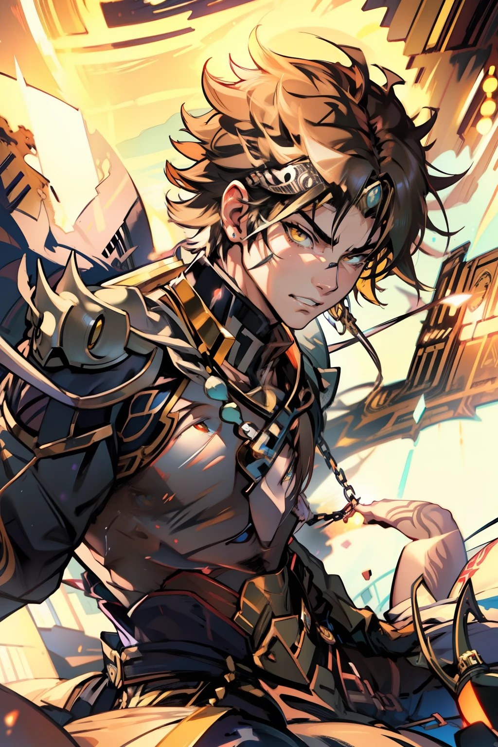 male people，((Masterpiece)), ((Best quality)), Ultra detailed,((illustration)), Dynamic Angle, Detailed light, (Delicate eyes), Floating, 1boy, Male focus, Head, Clothing, Yellow eyes, necklace, tattoo,hijabi sluty， (Forehead:0.8), (ahoge:0.8), jewelry, apathy，Ray， chest muscle， Sexy ,frontage，style of anime4 K， 4K anime wallpaper， Badass anime 8 K， 4 k comic wallpaper， young anime man， Anime boys， Anime wallpapers 4 k， Anime wallpaper 4K， High quality anime art style， Anime moe art style， Anime art wallpaper 8 K， Anime art wallpaper 4 K， RGB lighting
