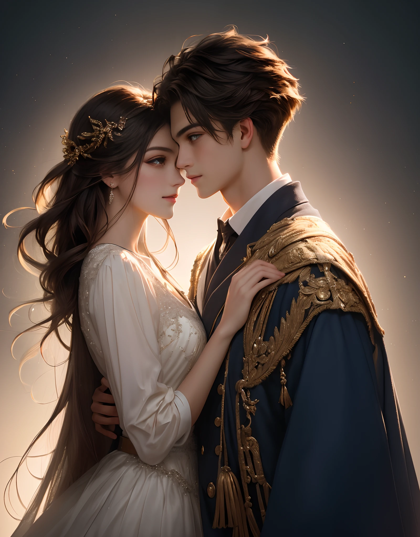 high qulity，A high resolution，The face is clear，a young man and a woman，Look at each other，delicated，HighestQuali，highest  quality，ultra - detailed，Perfect lighting