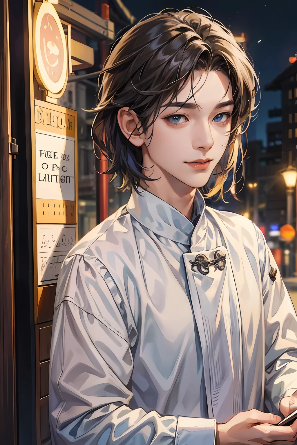 （hoang lap，A high resolution，Hyper-detailing，hdr），tmasterpiece，best qualtiy，1boy，Handsome，short detailed hair，Fine eyes and detailed face，The artist's studio，White color blouse，Drawing board in hand，dimple，Night Street，nightcity，midynight，self-shot，Light smile