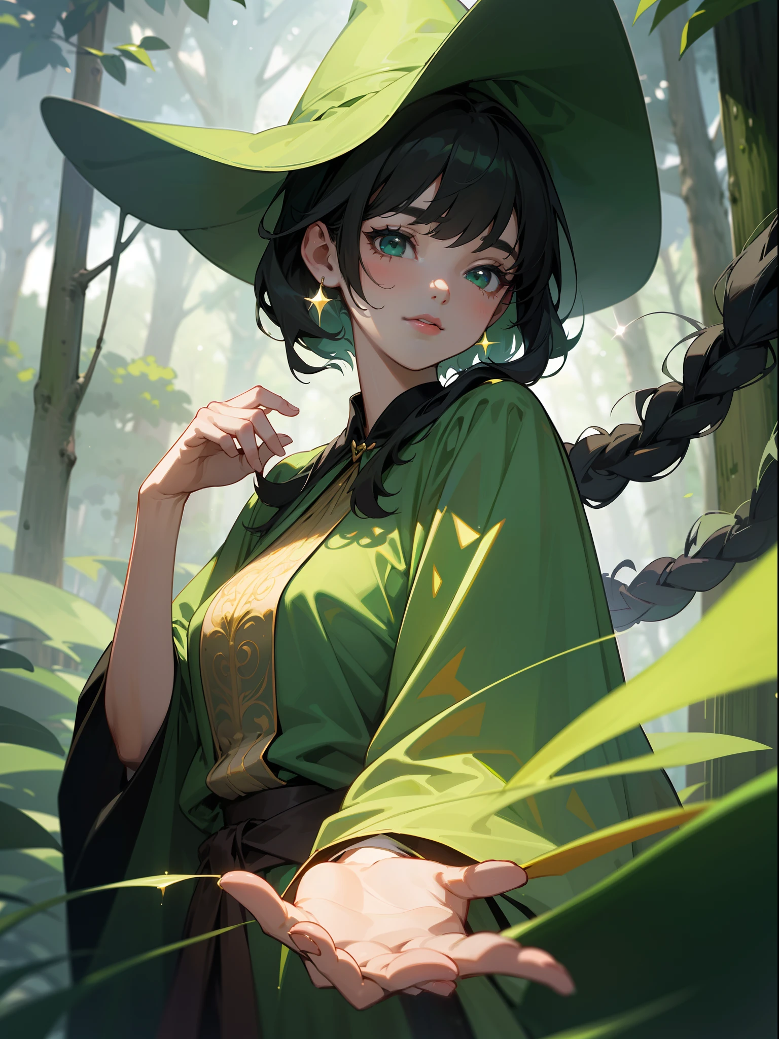 (Simple green witch robe and big green shirt,Cute girl with simple green witch big hat and braid, Cute black hair girl, Approx.10 years old, short height, Dark hair , Green dressing gown, Split lips,Upper body, light Particle, forest, Intense sunlight,Effect of twinkling aerial light,Oversized shirt,lanthanum),masterpiece, top-quality, detailed skin textures, Detailed Cloth Texture, beautifull detailed face, intricate detailes, ultra-detailliert, Regina Display, Super Detail, high details, High quality, Best Quality, hight resolution, 1080p, in 8K,