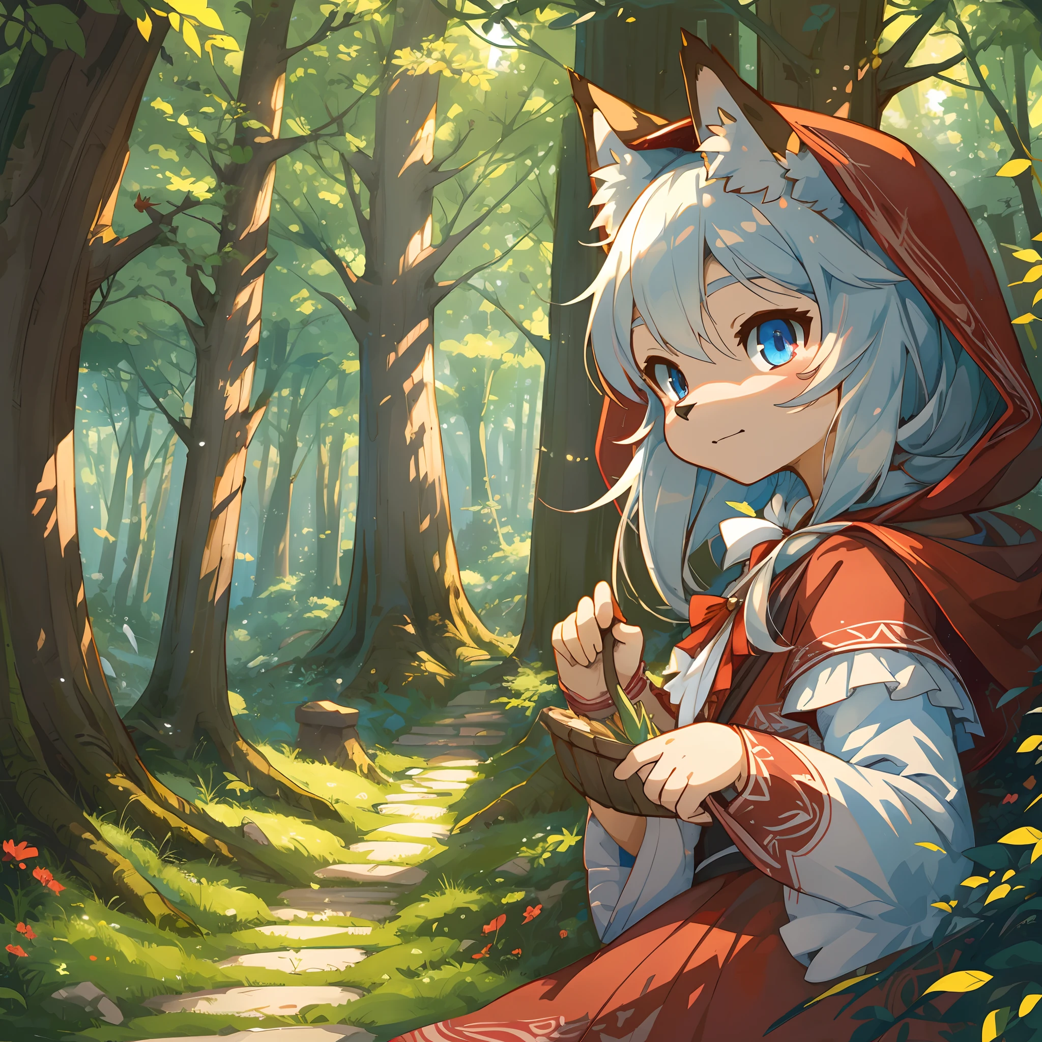 top quality, best quality, High-quality illustrations, masterpiece, super high resolution, detailed background, fairy tale, Little Red Riding Hood, forest, 6+boys, 6+girls, absurdres(highly detailed beautiful face and eyes)perfect anatomy, expression, good lighting, cinematic shadow(kemono, furry anthro)assorted poses, dynamic angle,
