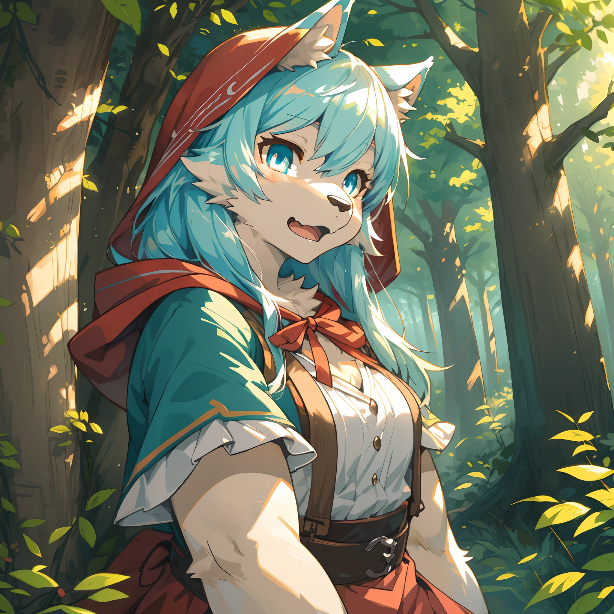 top quality, best quality, High-quality illustrations, masterpiece, super high resolution, detailed background, fairy tale, Little Red Riding Hood, forest, 6+boys, 6+girls, absurdres(highly detailed beautiful face and eyes)perfect anatomy, expression, good lighting, cinematic shadow(kemono, furry anthro)assorted poses, dynamic angle,