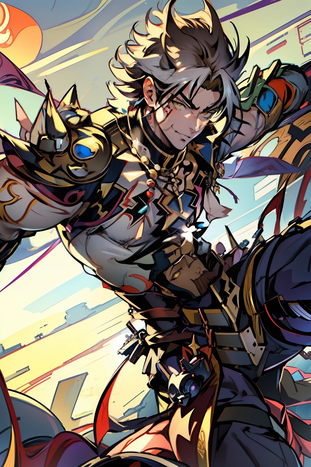 male people，((Masterpiece)), ((Best quality)), Ultra detailed,((illustration)), Dynamic Angle, Detailed light, (Delicate eyes), Floating, 1boy, Male focus, Head, Clothing, Yellow eyes, necklace, tattoo,hijabi sluty， (Forehead:0.8), (ahoge:0.8), jewelry, apathy，Ray， chest muscle， Sexy ,frontage，style of anime4 K， 4K anime wallpaper， Badass anime 8 K， 4 k comic wallpaper， young anime man， Anime boys， Anime wallpapers 4 k， Anime wallpaper 4K， High quality anime art style， Anime moe art style， Anime art wallpaper 8 K， Anime art wallpaper 4 K， RGB lighting