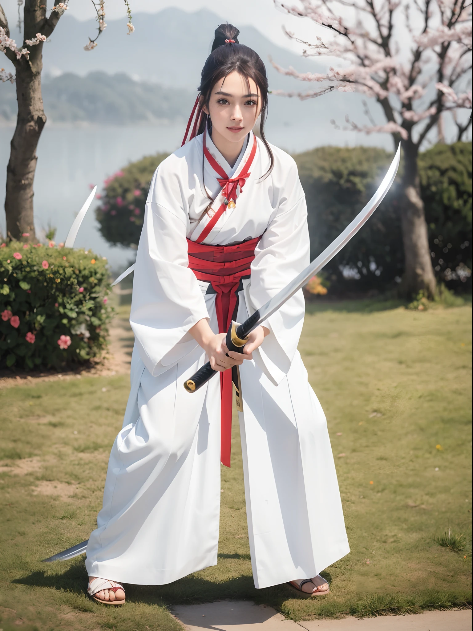 (masterpiece, best quality:1.4), (wielding a katana:1.5), (full body:1.3), (leaning forward pose), sagiri, brown hair, red ribbon, hair ribbon, looking at viewer, outdoors, ponytail, standing, kimono, white kimono, obi, wide sleeves, cowboy shot, cherry blossom, sexy smile,  beautiful face, highly detailed face, highly detailed eyes,  highly detailed skin, skin pores, subsurface scattering, realistic pupils, full face blush, full lips, detailed background, depth of field, volumetric lighting, sharp focus, absurdres, realistic proportions, good anatomy, (realistic, hyperrealistic:1.4), 16k hdr,