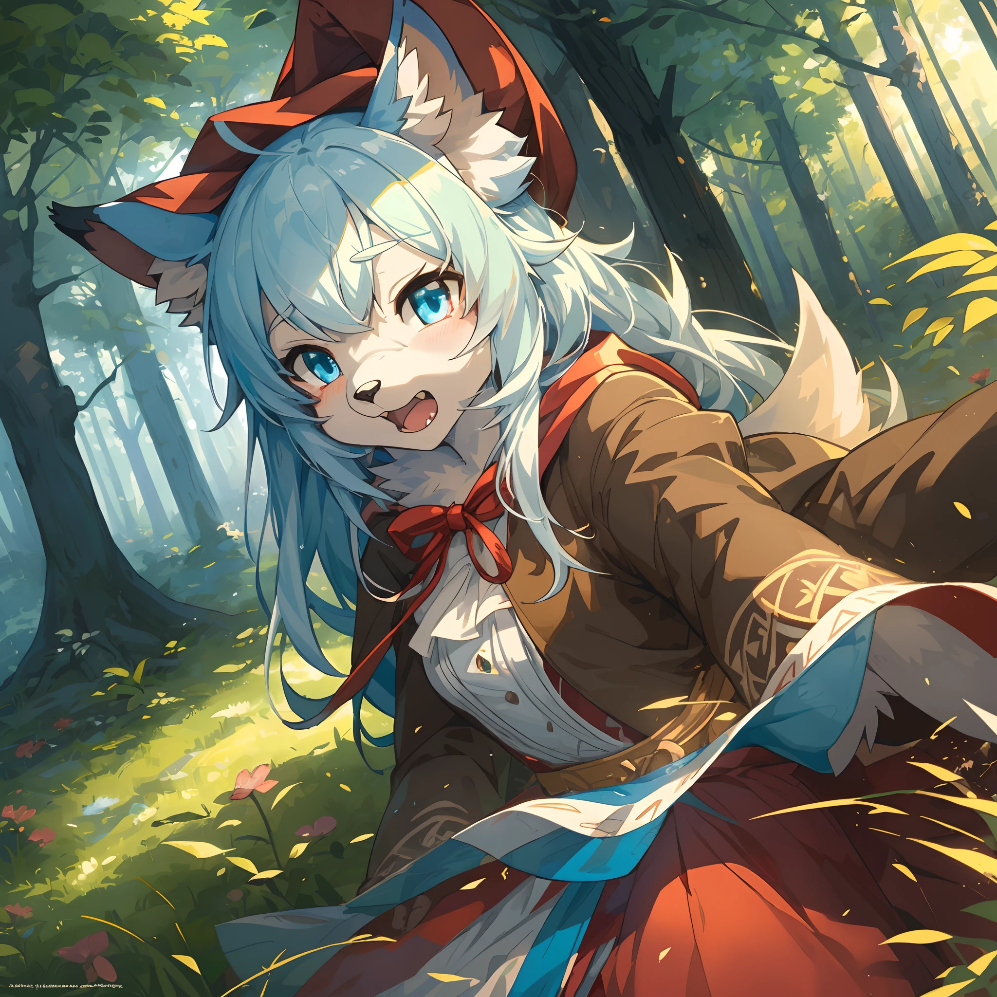 top quality, best quality, High-quality illustrations, masterpiece, super high resolution, detailed background, fairy tale, Little Red Riding Hood, forest, 6+boys, 6+girls, absurdres(highly detailed beautiful face and eyes)perfect anatomy, expression, good lighting, cinematic shadow(kemono, furry anthro)assorted poses, dynamic angle,