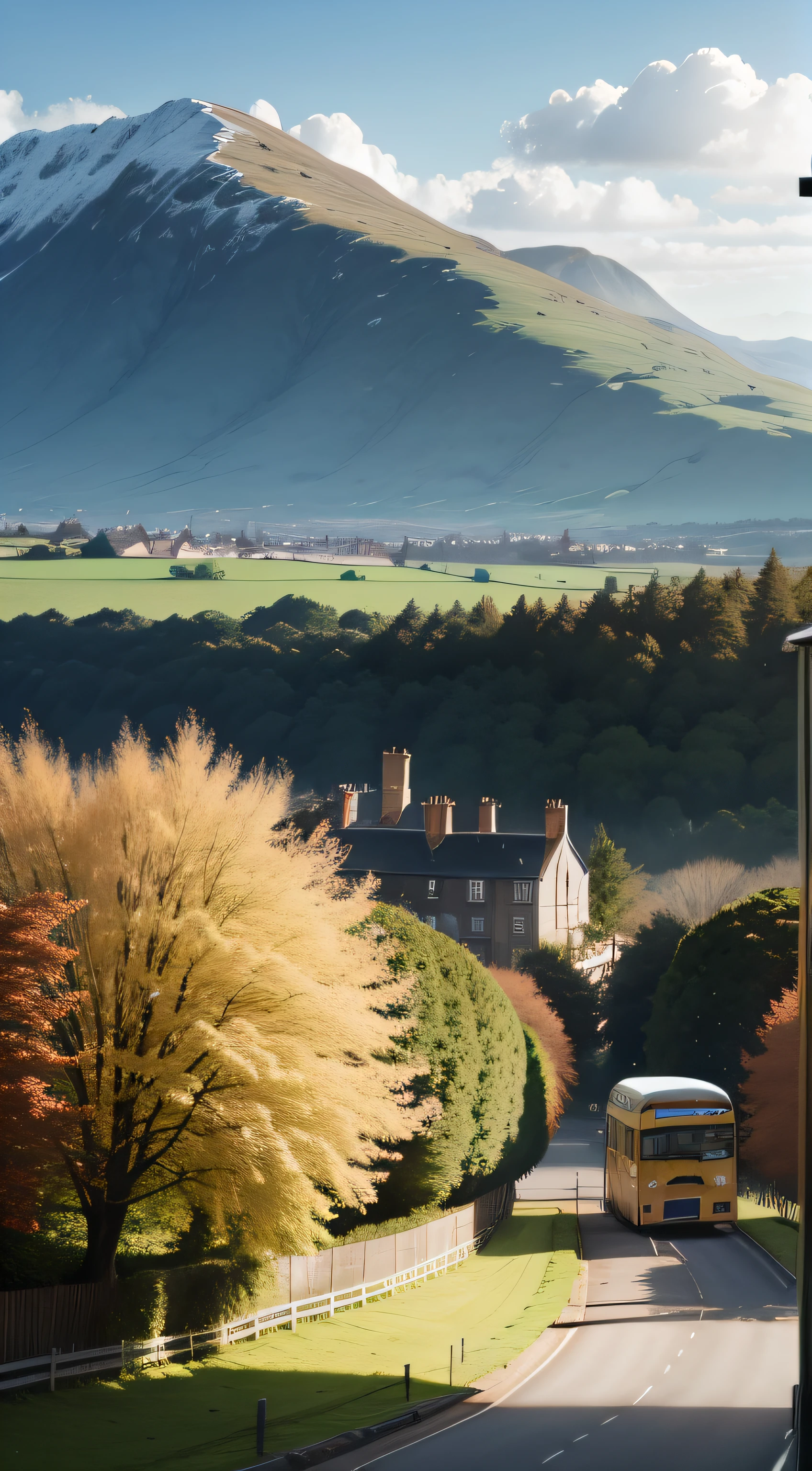 A bus drove down the road, and in the distance was a large estate