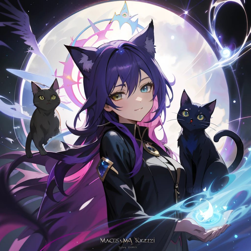 Anime characters with cat and bird in background, full art, sky witch, Anime fantasy illustration, shadowverse style, Beautiful celestial mage, flirty anime witch casting magic, full portrait of elementalist, Catwoman oil painting, cat witch, portrait of a female mage, artbook artwork, Kushatt Krenz Key Art Women