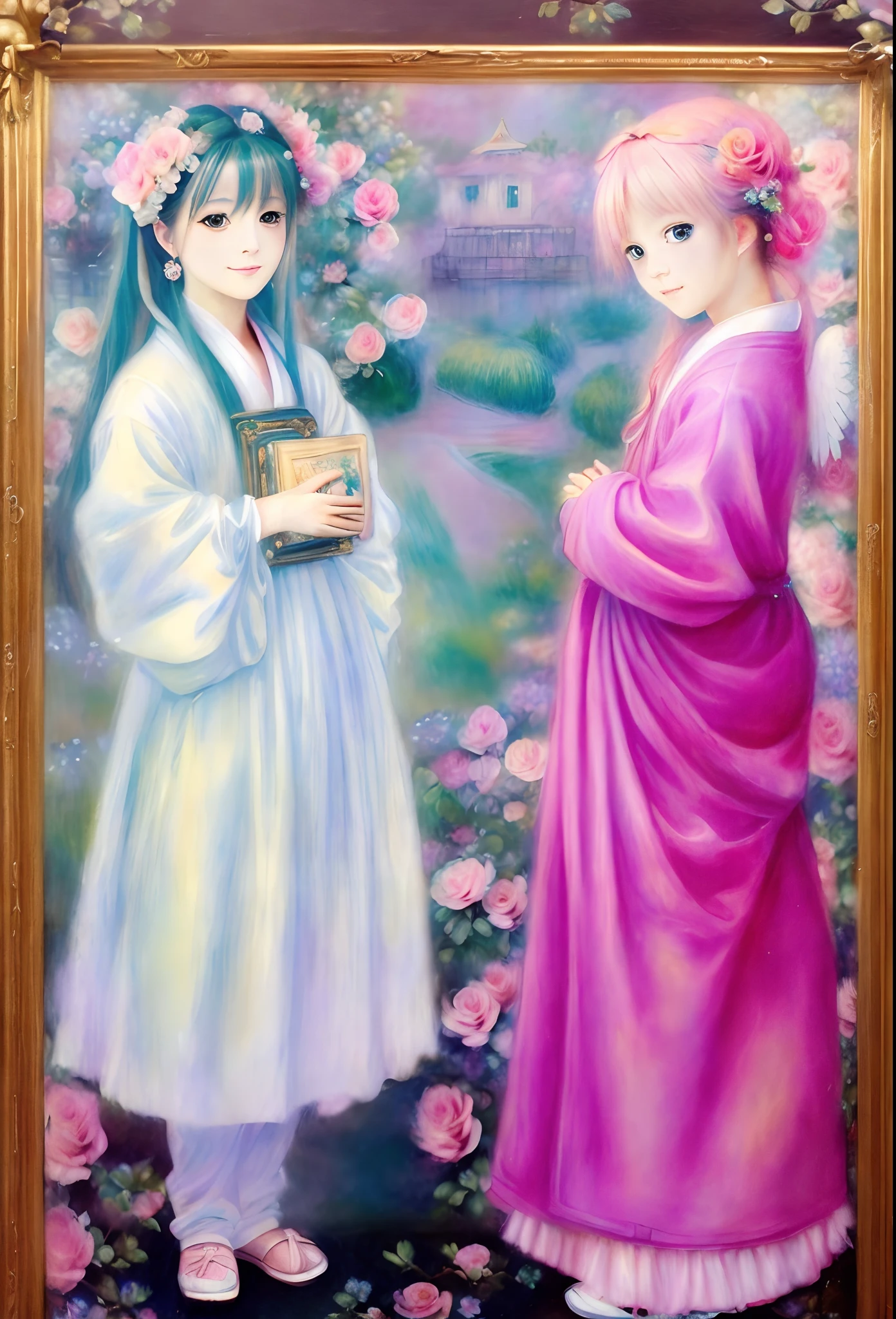 Puppy Kawaii、Pale pink color illustration、(Angel wings、😇、a smile、😌🥰Archaic Smile).hyper realstic、Ultra-realistic、Depiction of the human body without distortion、Monna Lisa、Woman in the Arms、Near and far law、Three-dimensional、Contemporary painting、moderno、world masterpiece、collection、Homage to the art or artist work of Picasso and Renoir, Not sentimental、Excellent portrayal、Gentle expression、More detailed character faces, Serious competition、Compositions like paintings、(Konmutsuki_Gacha_Series 1, punk_rosette), Realistic、Delicate brushwork、aqua color flowers, (Full body, elegant flowers background)