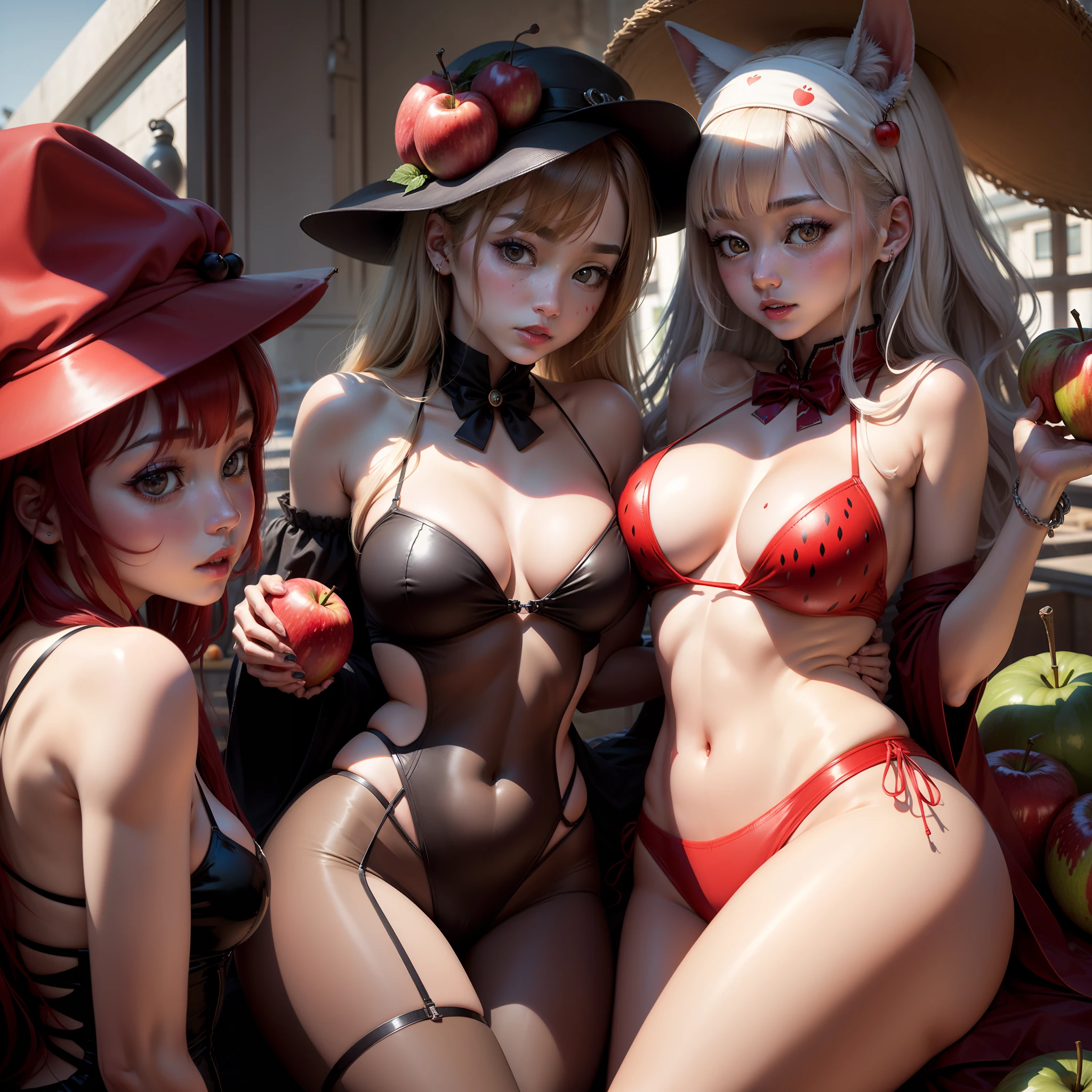 edgBunny、realisticlying、Furry animals、apples、dark circles、Be red in the face、cherrie、food、the fruits、full bodyesbian、Hats、morango、tomato、water melon