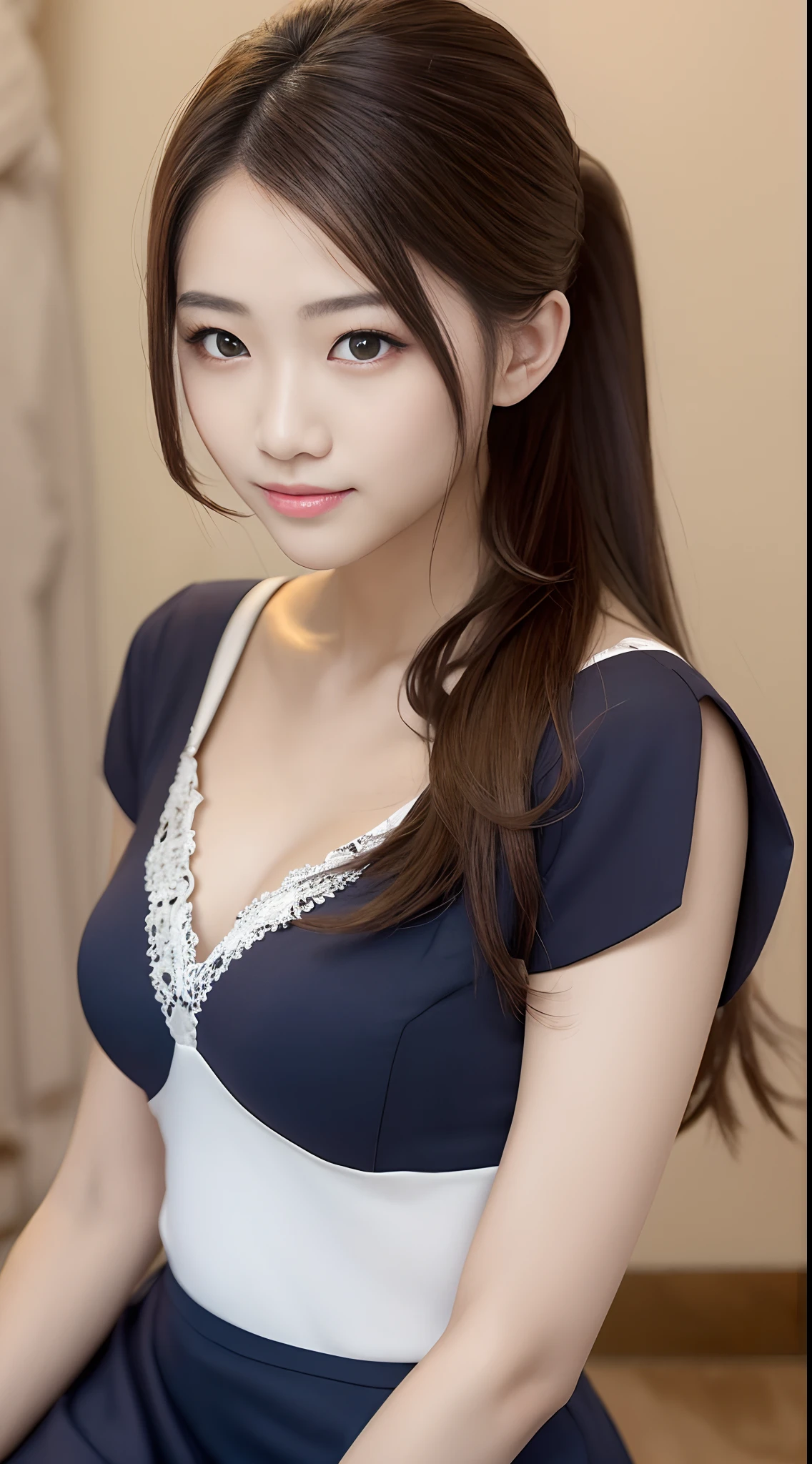 A beautiful 18 year old girl with double ponytail，E-cup breasts，Nurse's uniform，Authentic full-body photos，beautiful pupil，Bright eyes，二重まぶた，tall nose bridge，Sweet smile，Delicate fair skin，photo-realistic，exquisite and complete facial features，Detailed depiction of the face，Delicate light red hair，Feminine temperament，Fill your face light，Golden ratio figure，Anterior convex and posterior，Delicate and perfect body art，West Lake background，closeup of face，8k 壁纸，Ultra-fine face，A detailed description of the facial features， Lip biting makeup， Sweet smiling， Exquisite and perfect facial features，short  skirt，hair adornments， 超高分辨率，50 million pixel quality，