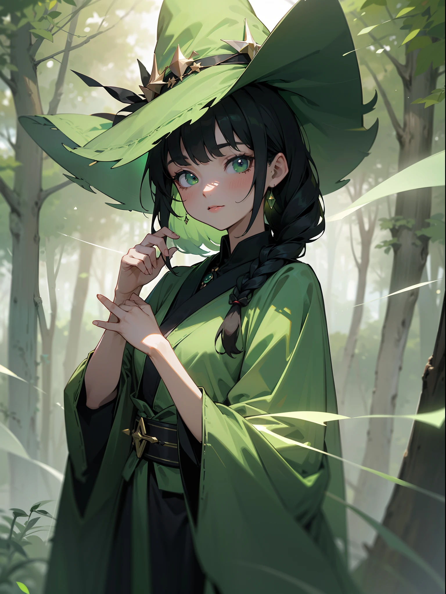 (Simple green witch robe and big green shirt,Cute girl with simple green witch big hat and braid, Cute black hair girl, Approx.10 years old, short height, Dark hair , Green dressing gown, Split lips,Upper body, light Particle, forest, Intense sunlight,Effect of twinkling aerial light,Oversized shirt,lanthanum),masterpiece, top-quality, detailed skin textures, Detailed Cloth Texture, beautifull detailed face, intricate detailes, ultra-detailliert, Regina Display, Super Detail, high details, High quality, Best Quality, hight resolution, 1080p, in 8K,