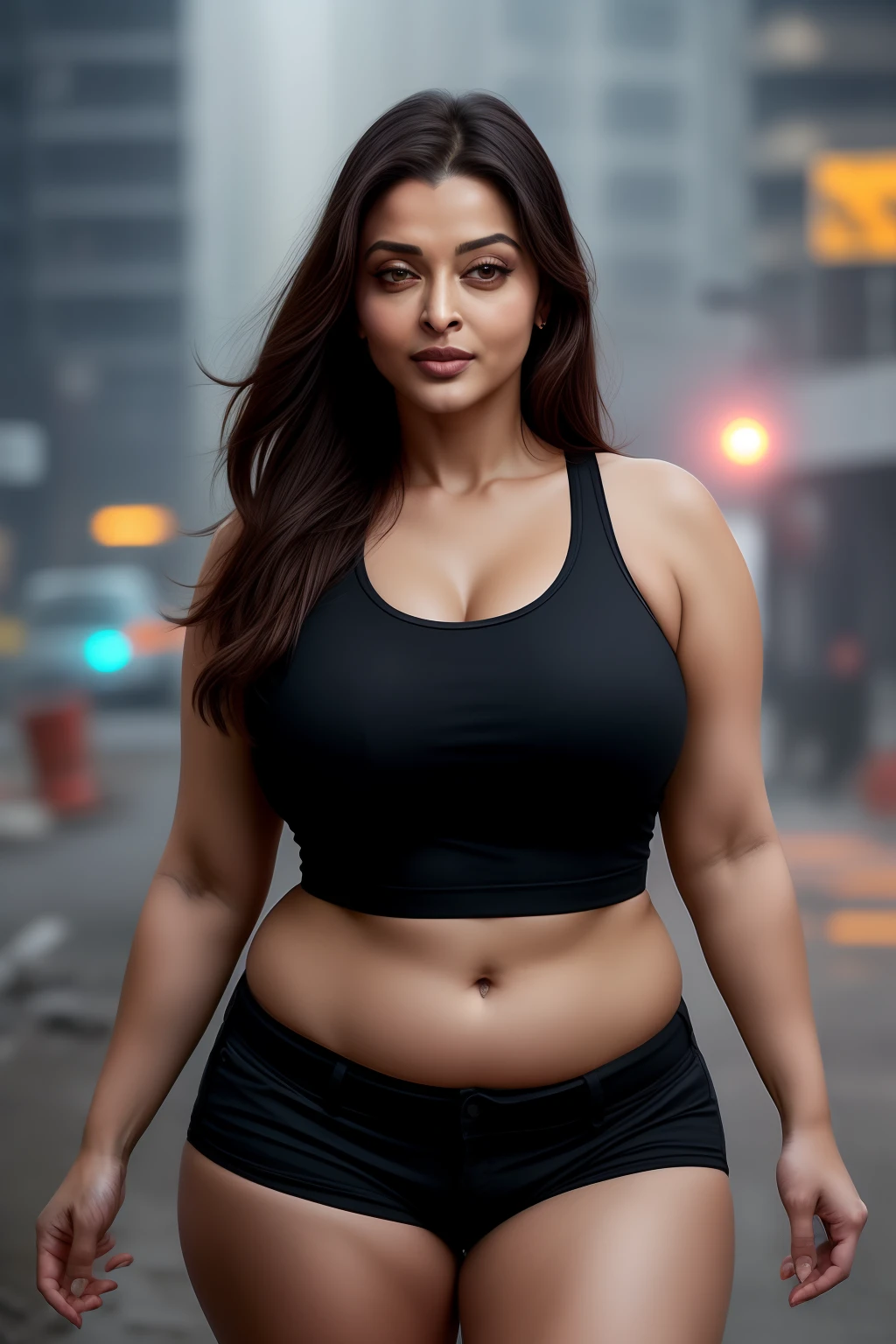 Aishwarya Rai as construction lady, black shorts, high boots, tank top, athletic curvy milf body, massive cleavage, posing in construction site, day scene, navel out, breasts visible show, 90% breasts popping out, hourglass figure, massive breasts, nipple slip, fit, seductive face, look at camera and laugh, wet ponytail hair, erotic adult face, 40 yo, soft volumetric lights, intricate details, (ArtStation:1.2)