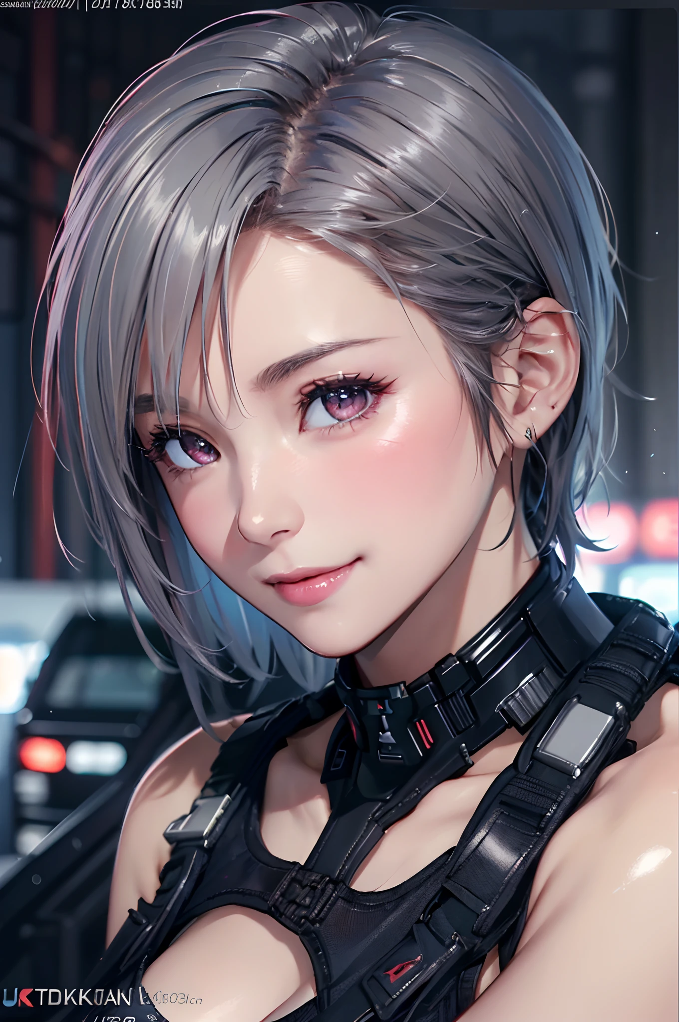 (8k, photorealistic, RAW photo, top quality: 1.4), (1girl), super beautiful, (realistic face), (boyish, silver-colored berry short hair), beautiful cyberpunk suit, glares seducing viewer, beautiful expression, beautiful breasts, (realistic skin), beautiful smile, (soldier), attractive, ultra high resolution, ultra realistic, high definition, spoiled