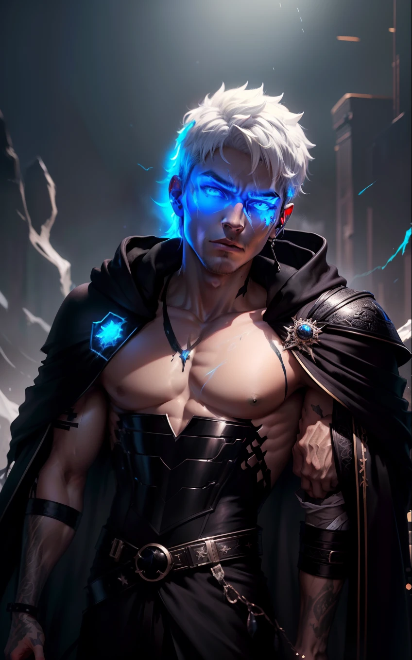 Cyberpunk male, fantasy world, dark background, clean design, epic instagram, artstation, colorful paint splatter, silhouette, hyper detailed intricate details, unreal engine, fantasy, intricate details, splash screen, complementary colors, Fantasy concept art, 8k resolution, deviantart masterpiece, oil painting, heavy strokes, paint dripping, (isolated on white background: 1.3), rainbow skin, (((handsome young man))), ((age:1.5) ), (glowing blue eyes), ((light eyes)), ((((short white hair: 1.1))), ((black clothes)), (prince\\(indifferent expression\\),, ( ((Wears high detail luxurious black robe))), white hair, frost magic, ((chest) --v 6