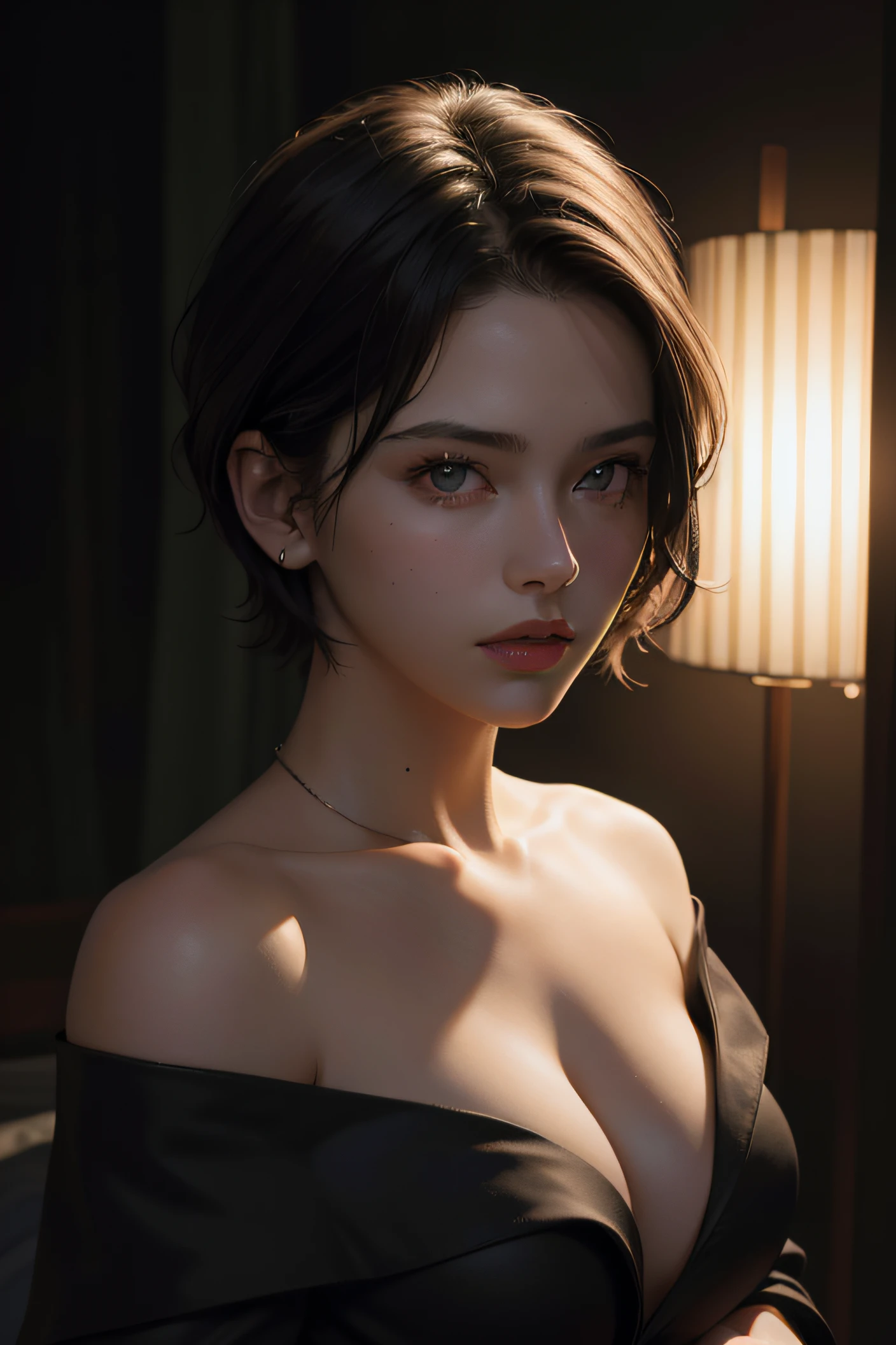Best quality, masterpiece, ultra high res, (photorealistic:1.5), raw photo, 1girl, offshoulder, in the dark, deep shadow, low key, cold light, sexy look, short hair
