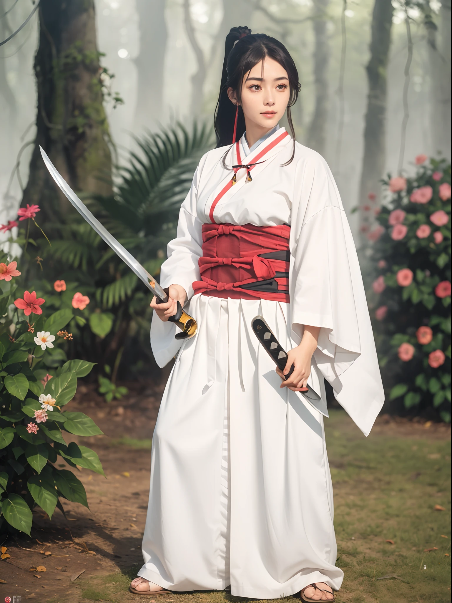 (masterpiece, best quality:1.4), (wielding a katana:1.5), (full body:1.3), (leaning forward pose), sagiri, brown hair, red ribbon, hair ribbon, looking at viewer, outdoors, ponytail, standing, kimono, white kimono, obi, wide sleeves, cowboy shot, cherry blossom, sexy smile,  beautiful face, highly detailed face, highly detailed eyes,  highly detailed skin, skin pores, subsurface scattering, realistic pupils, full face blush, full lips, detailed background, depth of field, volumetric lighting, sharp focus, absurdres, realistic proportions, good anatomy, (realistic, hyperrealistic:1.4), 16k hdr,