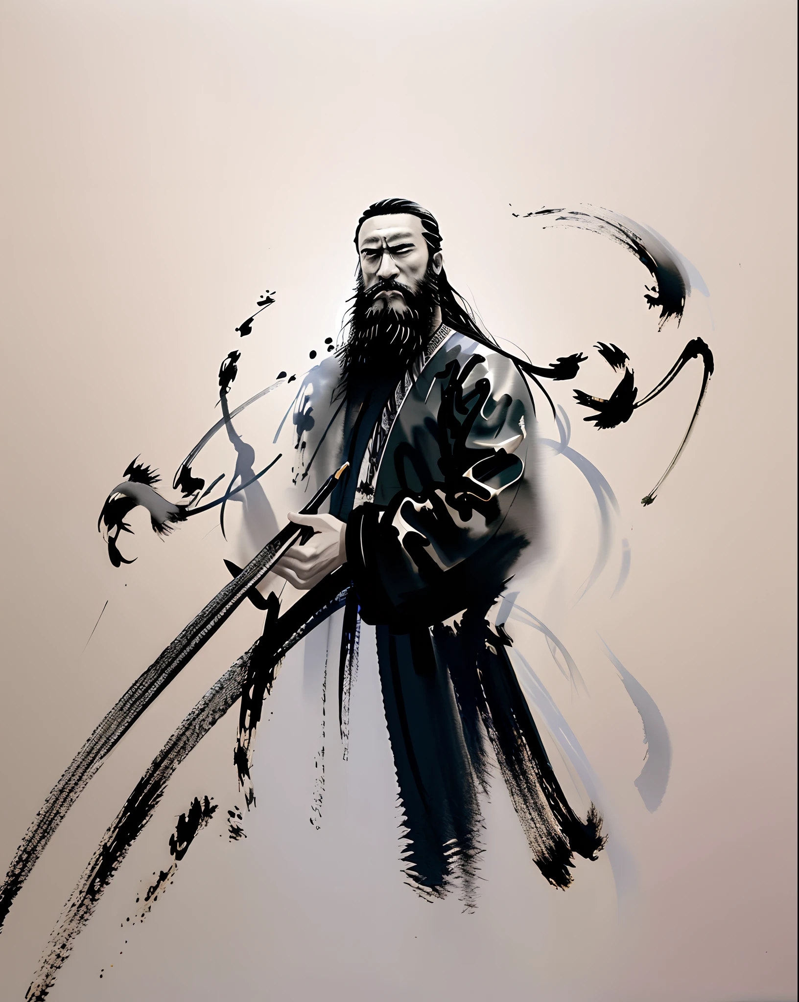 zydink, monochrome, ink sketch, 1boy, asian (middle age man), (long beard, facial hair), fighting stance, looking at viewer, long hair, floating hair, hanfu, chinese clothes, long sleeves, (abstract ink splash:1.2), white background