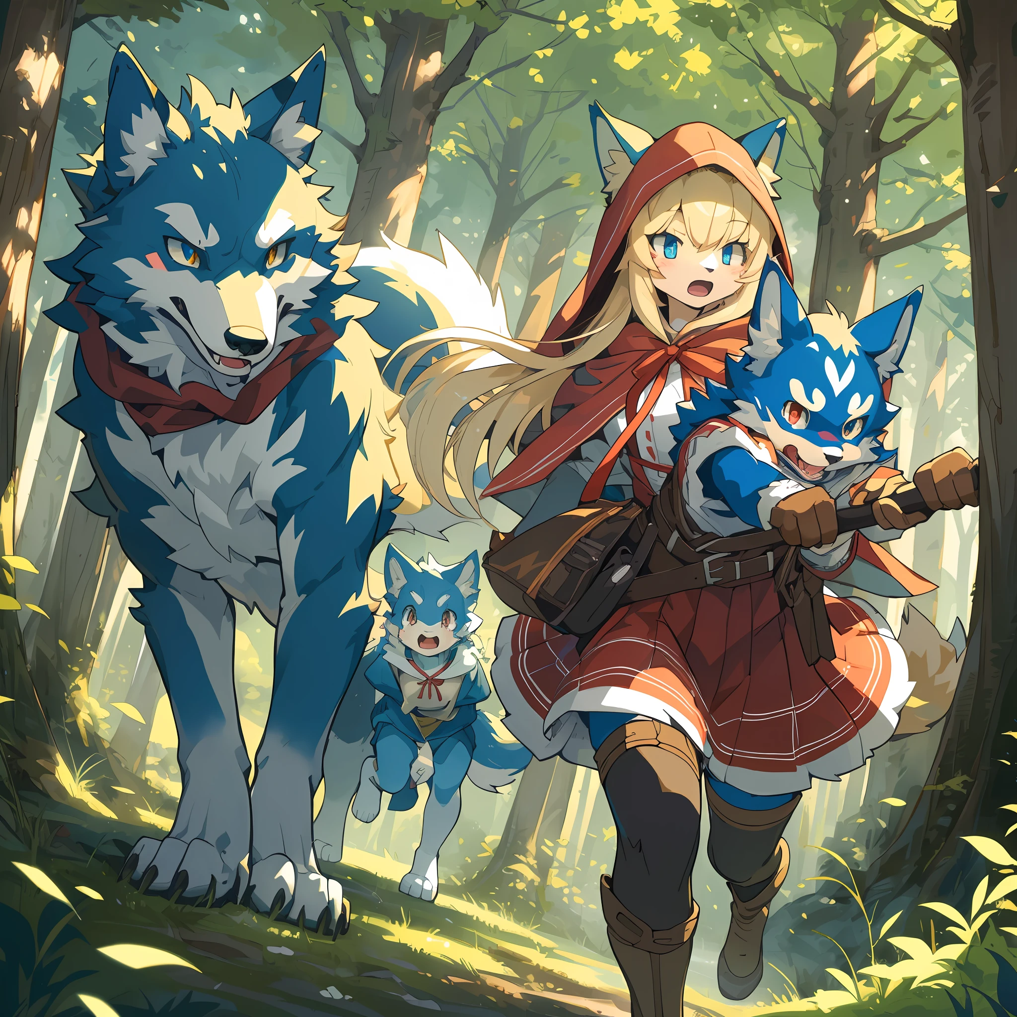 top quality, best quality, High-quality illustrations, masterpiece, super high resolution, detailed background, Little Red Riding Hood, forest, A wolf chases a girl, 6+boys, 6+girls, absurdres(highly detailed beautiful face and eyes)perfect anatomy, expression, good lighting, cinematic shadow(kemono, furry anthro)assorted poses, dynamic angle,