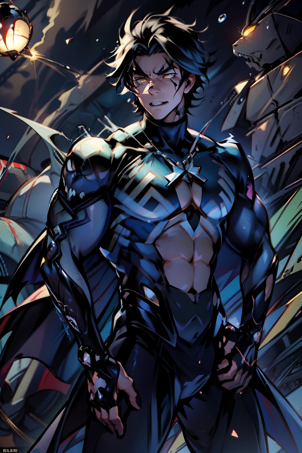 《the original god》Arataki Kazuto , male people， chest muscle， Sexy , Venom symbiote for your body, Black mucus of the body , into venom, venomize，Black bodysuit，（Cloak），Red cape，Abs，（Adult male）（（Venom possession，venom symbiote）），over-Tortoise Man，Battle damage，((Masterpiece)), ((Best quality)), Ultra detailed,((illustration)), Dynamic Angle, Detailed light, (Delicate eyes), Floating, 1boy, Male focus, Head, Clothing, Yellow eyes, necklace, tattoo, (Forehead:0.8), (ahoge:0.8), jewelry, brunette color hair,apathy，Ray， chest muscle， Sexy , Venom symbiote for your body, Black mucus of the body , （into venom）, Venom，frontage，Bust photo，White tight-fitting top，spiderman outfit，style of anime4 K， 4K anime wallpaper， Badass anime 8 K， 4 k comic wallpaper， young anime man， Anime boys， Anime wallpapers 4 k， Anime wallpaper 4K， High quality anime art style， Anime moe art style， Anime art wallpaper 8 K， Anime art wallpaper 4 K， RGB lighting，