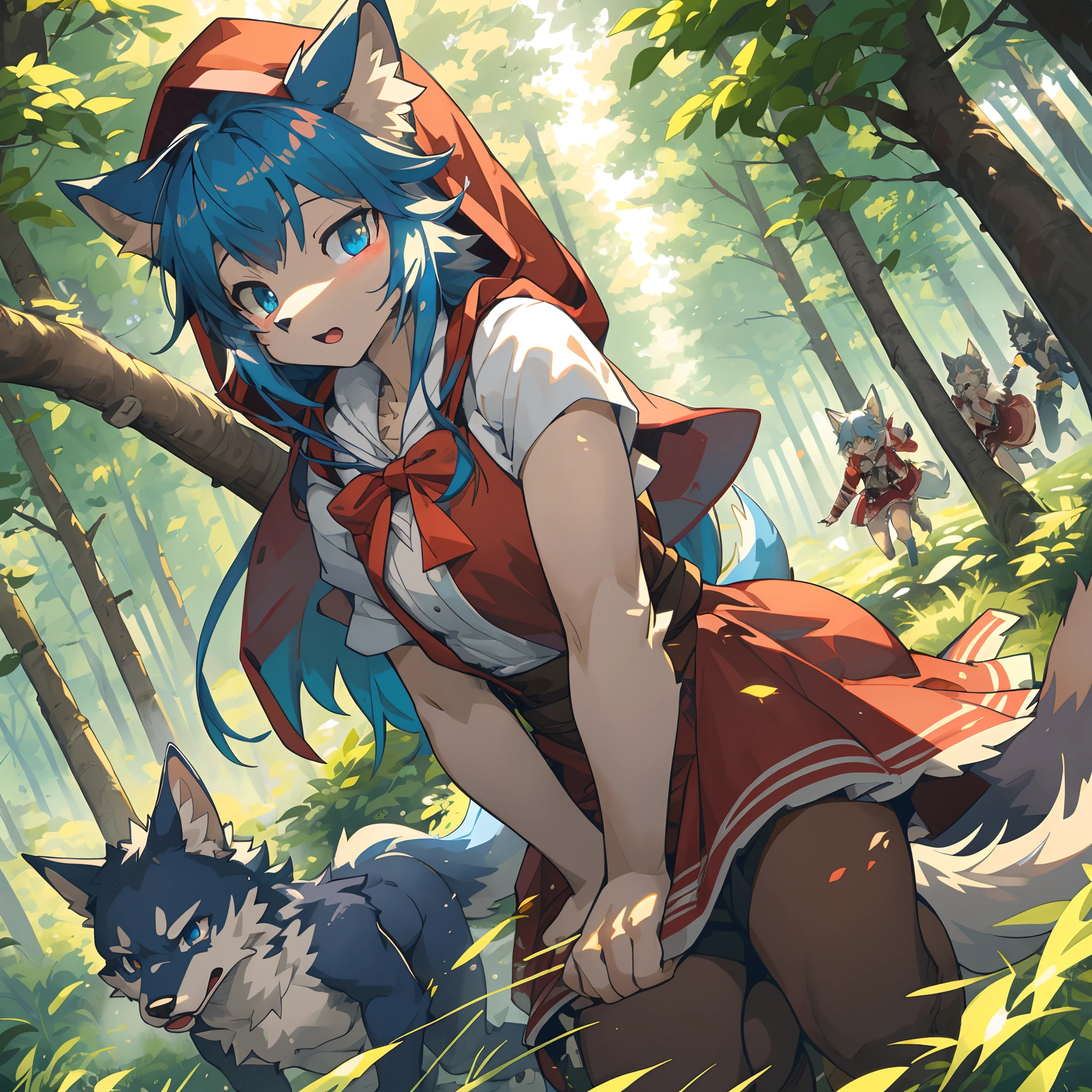 top quality, best quality, High-quality illustrations, masterpiece, super high resolution, detailed background, Little Red Riding Hood, forest, A wolf chases a girl, 6+boys, 6+girls, absurdres(highly detailed beautiful face and eyes)perfect anatomy, expression, good lighting, cinematic shadow(kemono, furry anthro)assorted poses, dynamic angle,