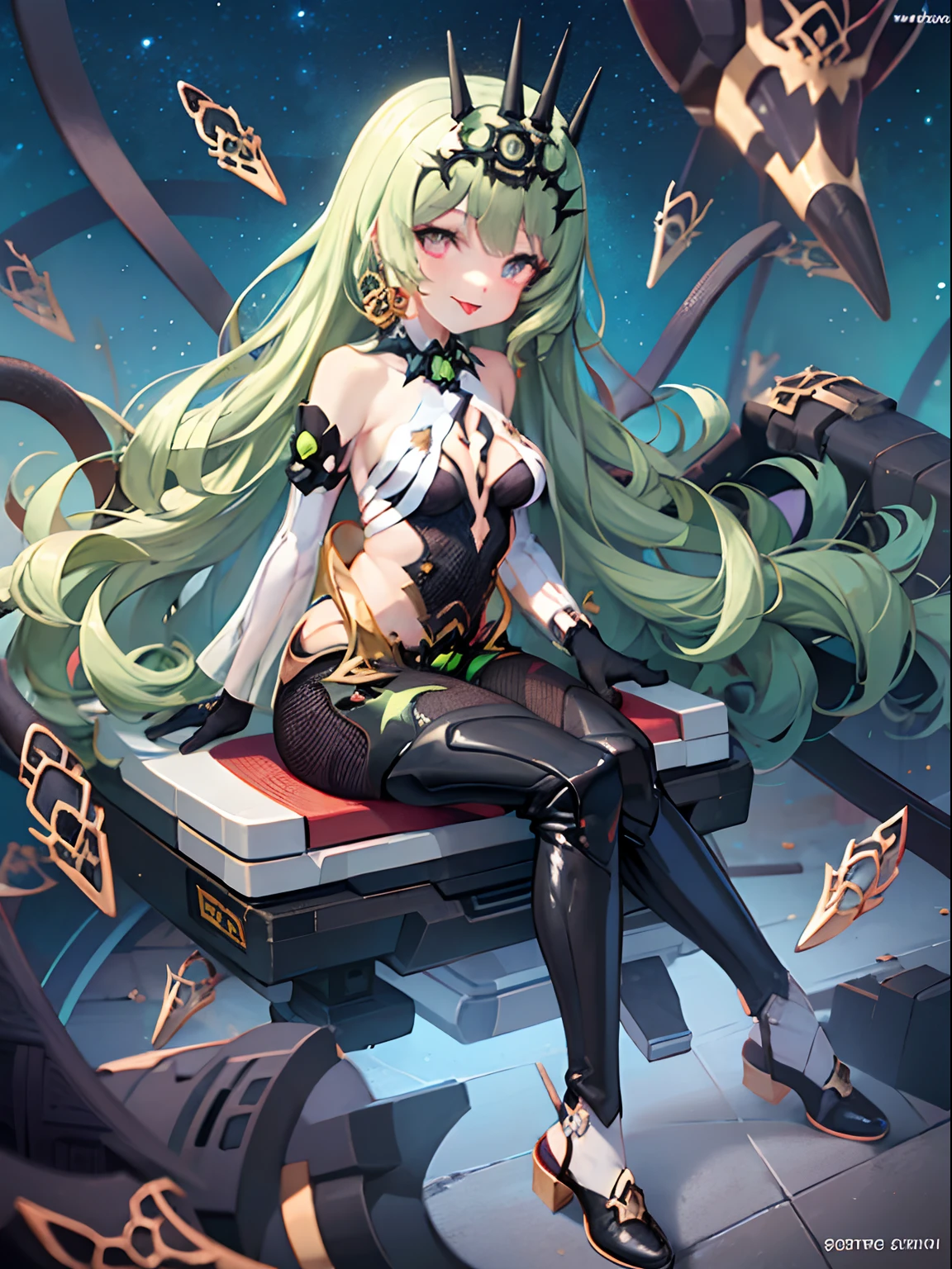 masterpeice, best quality, detailed face, mobius (honkai impact), honkai (series), honkai impact 3rd, wood cube, 1girl, asymmetrical gloves, bangs, black footwear, black gloves, boots, breasts, claws, cleavage, crown, earrings, elbow gloves, fishnet thighhighs, fishnets, gloves, green eyes, green hair, hair between eyes, index finger raised, jewelry, long hair, looking at viewer, medium breasts, night, night sky, single earring, sky, sleeveless, solo, star (sky), thigh boots, thighhighs, tongue, tongue out, uneven gloves, sitting,