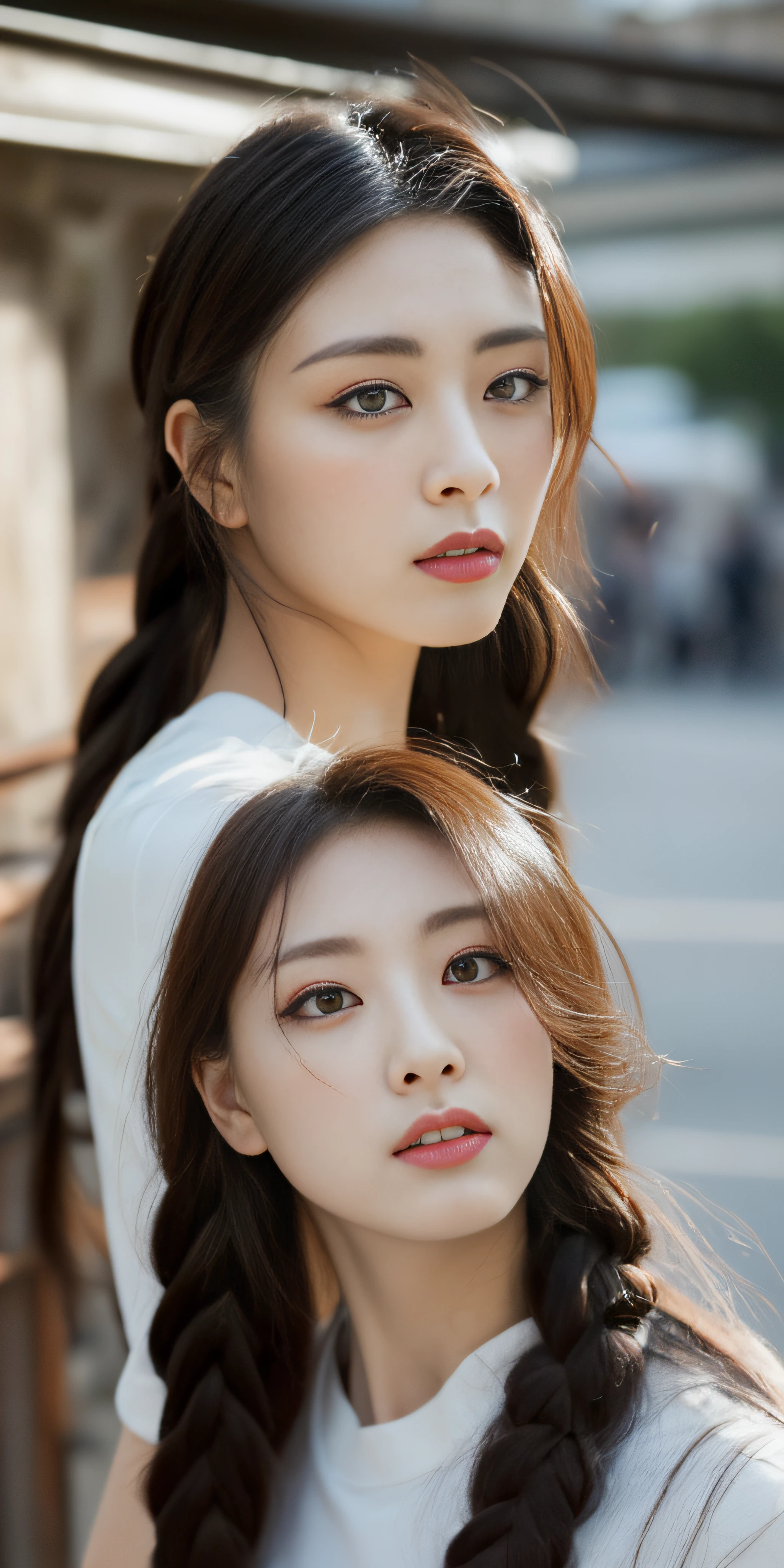 ((Top Quality, 8k, Masterpiece: 1.3)), Sharp Focus: 1.2, Beautiful Women in Perfect Style: 1.4, Slender Abs: 1.2, Braids, ((Dark Brown Hair, Big: 1.2)), (Natural Light, City Street: 1.1), Highly Detailed Face and Skin Texture, Detailed Eyes, Double Eyelids