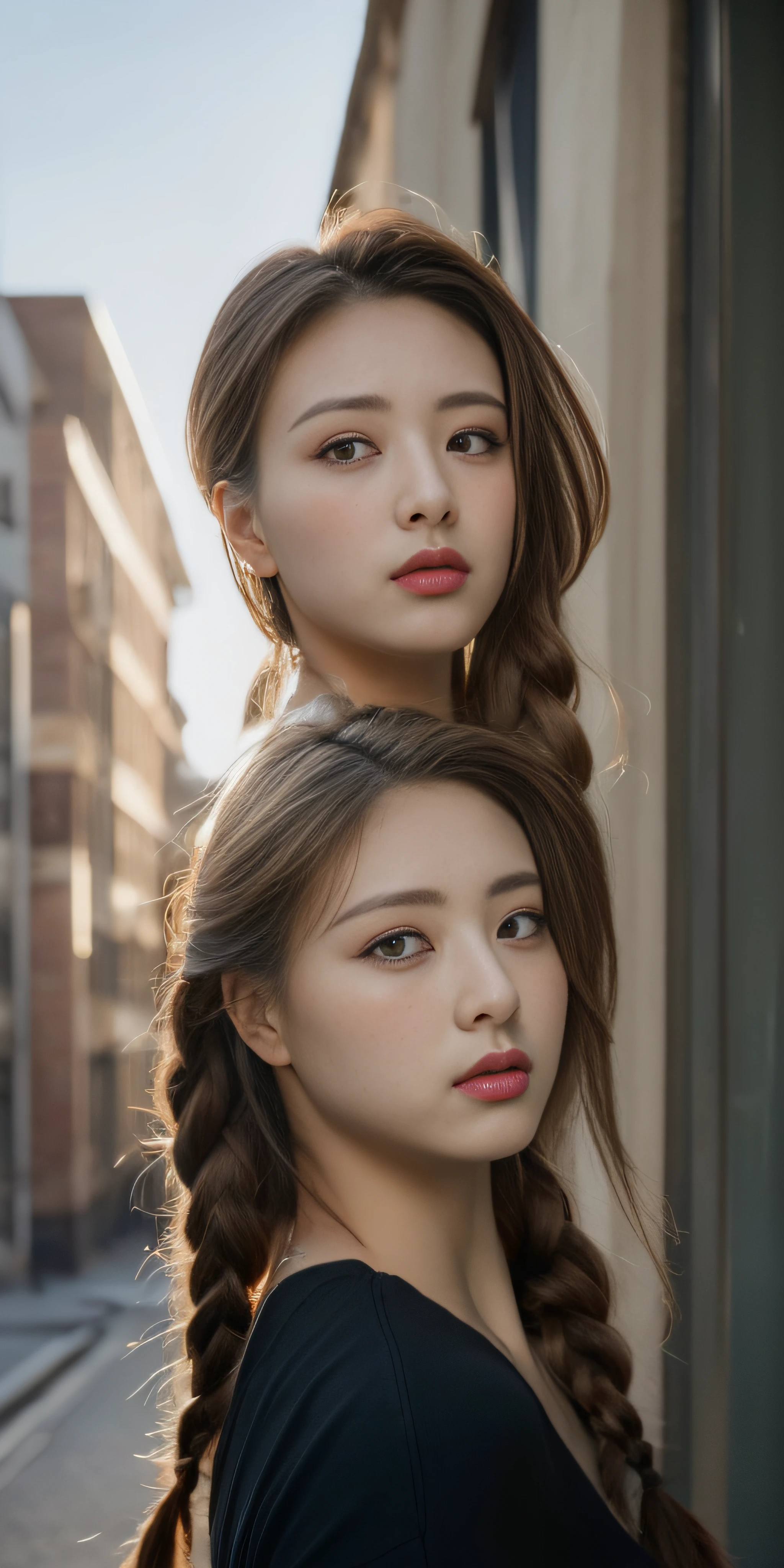 ((Top Quality, 8k, Masterpiece: 1.3)), Sharp Focus: 1.2, Beautiful Women in Perfect Style: 1.4, Slender Abs: 1.2, Braids, ((Dark Brown Hair, Big: 1.2)), (Natural Light, City Street: 1.1), Highly Detailed Face and Skin Texture, Detailed Eyes, Double Eyelids